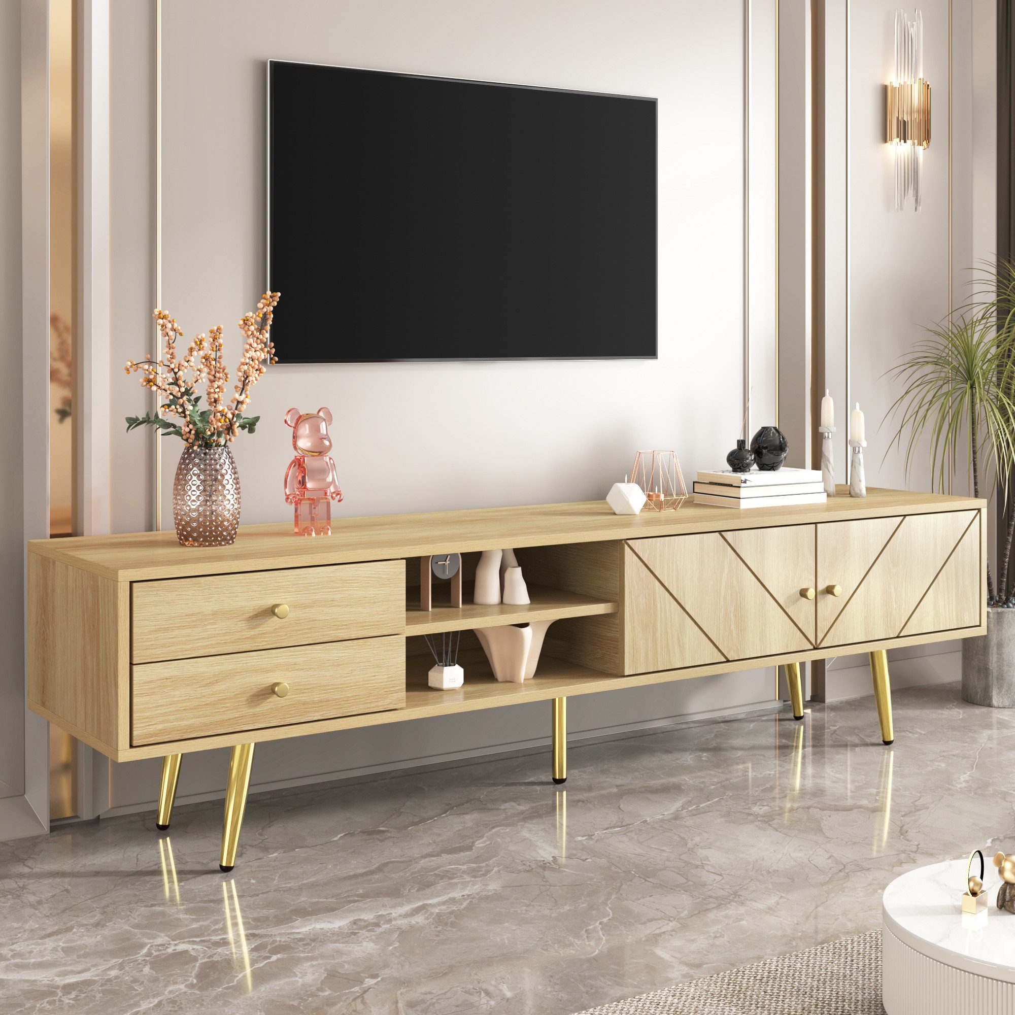 Lowboard TV-Schrank Goldfüße Schubladen Design Türen Medienmöbel 160 cm
