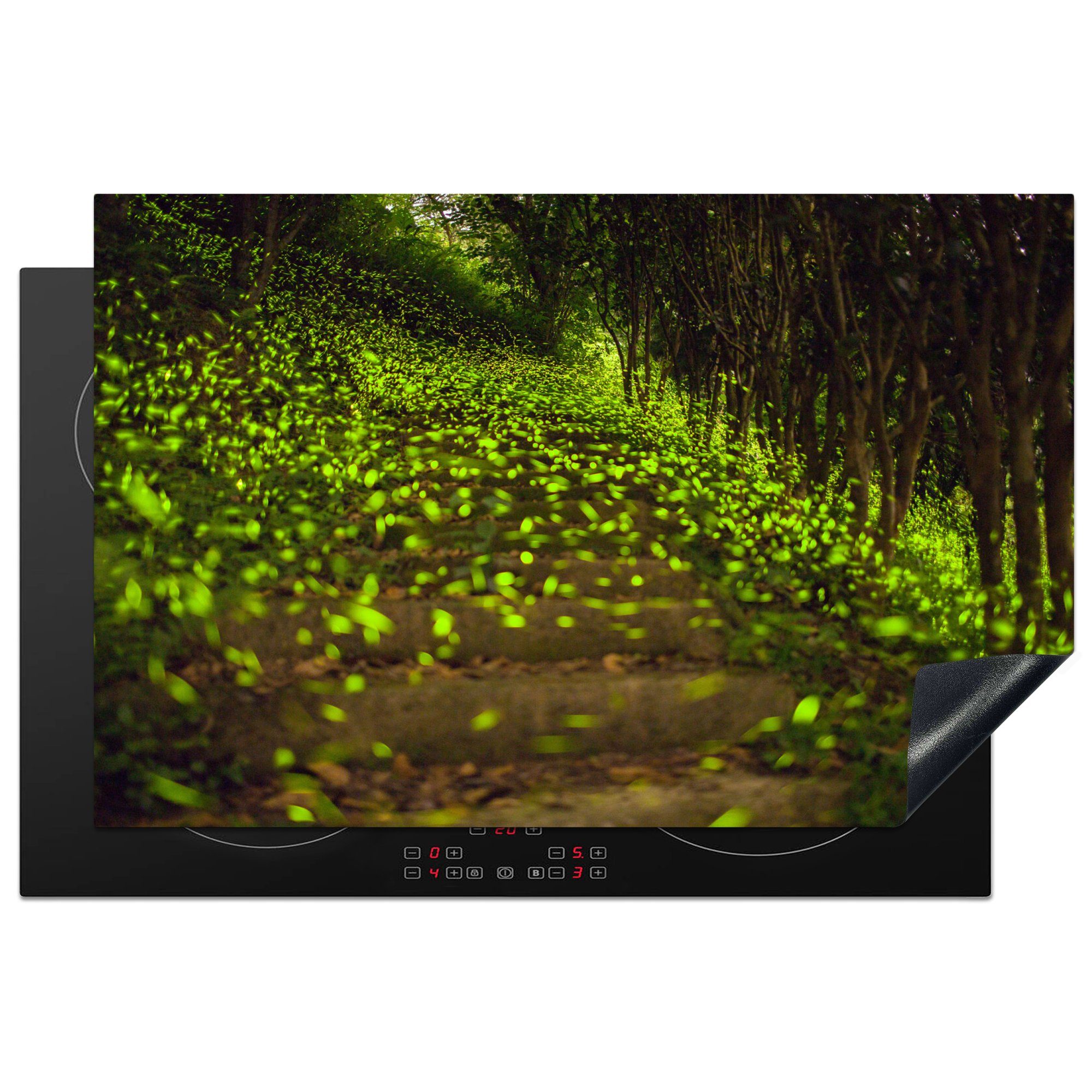 MuchoWow Herdblende-/Abdeckplatte Grüne Glühwürmchen fliegen über tlg), Induktionskochfeld küche, 81x52 cm, flache (1 Schutz eine Landschaft, die für Vinyl, Ceranfeldabdeckung tief