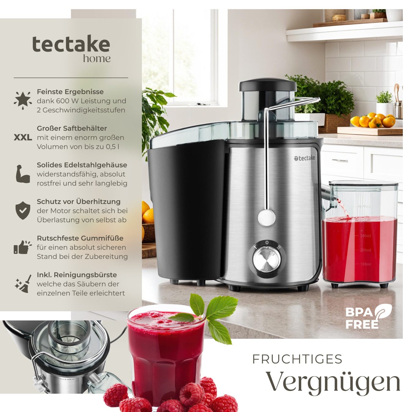 tectake Entsafter Saftpresse Frufi, 2 Geschwindigkeitsstufen, Edelstahl, 600W, 600 W, 600 W, 500 ml Fassungsvermögen