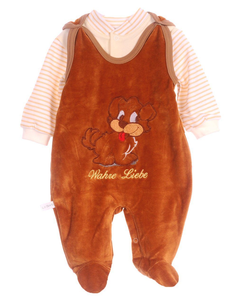 La Bortini Strampler Stramplerhose aus Velours und Shirt Baby Anzug in Braun mit Hund weich, war, 50 56 62 68 74