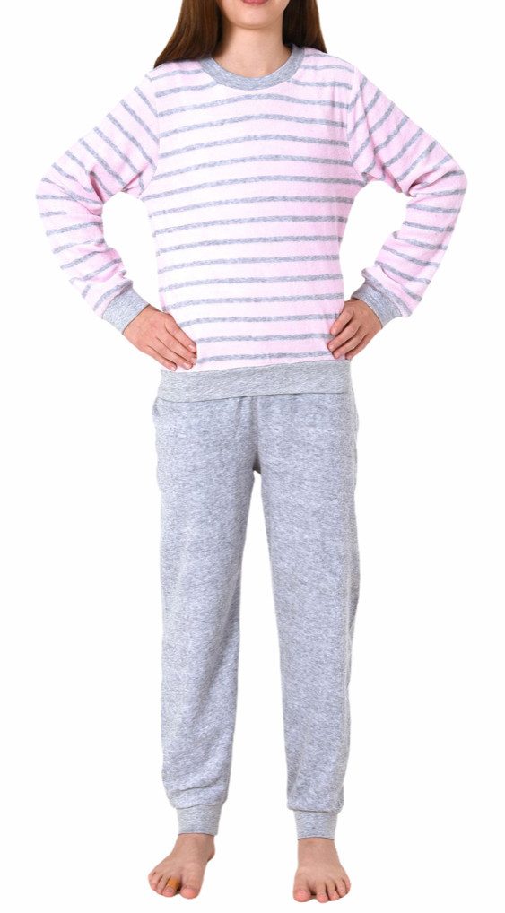 Normann Pyjama Mädchen Frottee Pyjama lang mit Bündchen Schlafanzug mit Herz Motiv