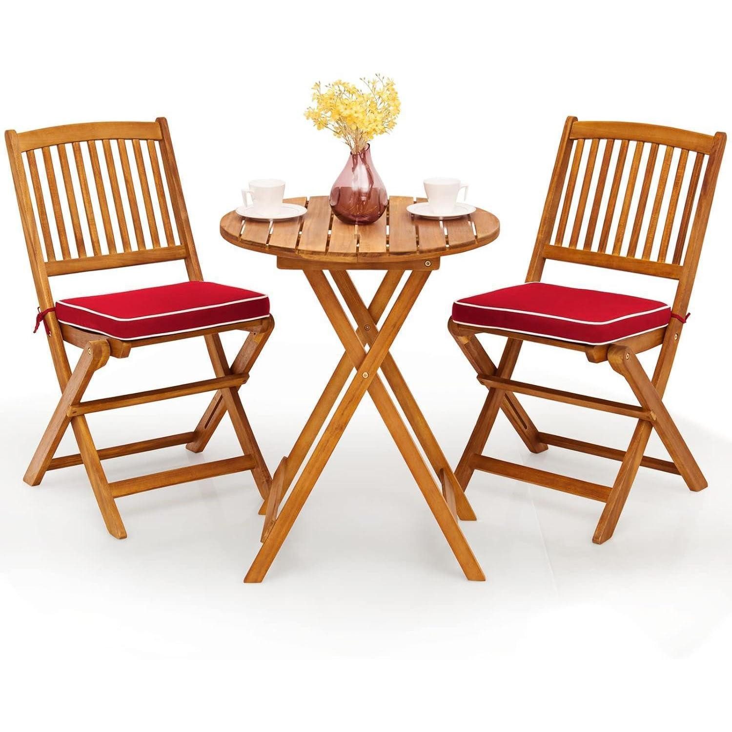 GOPLUS Balkonset 3tlg. Gartenmöbel Set Akazienholz klappbar Rundtisch 2 Stühlen Kissen