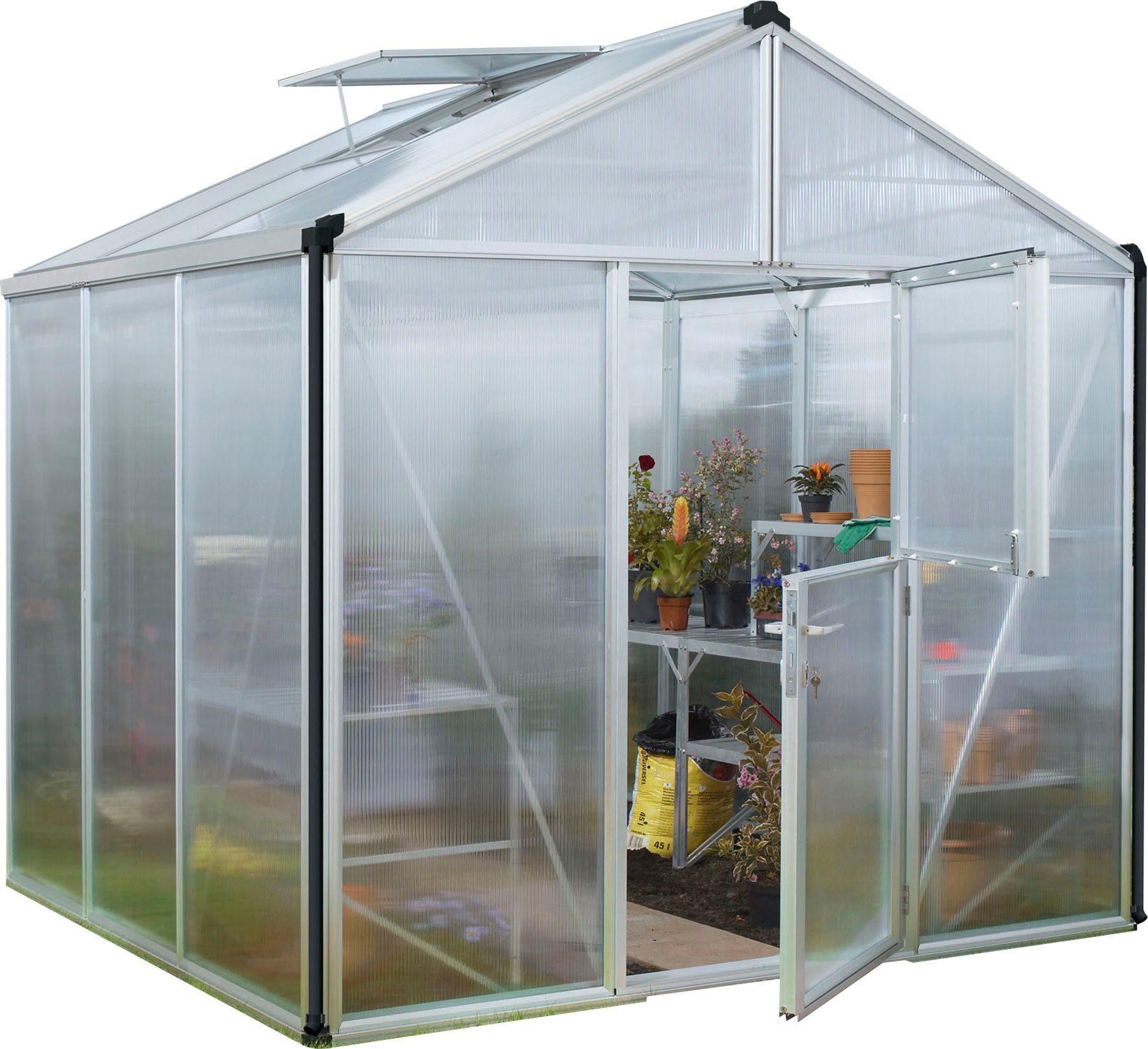 Vitavia Gewächshaus Zeus 6200, BxTxH: 258,4 x 242 x 250,4 cm, 10 mm Wandstärke, besonders stabile Alu-Profile, 10 mm Hohlkammerplatten silberfarben
