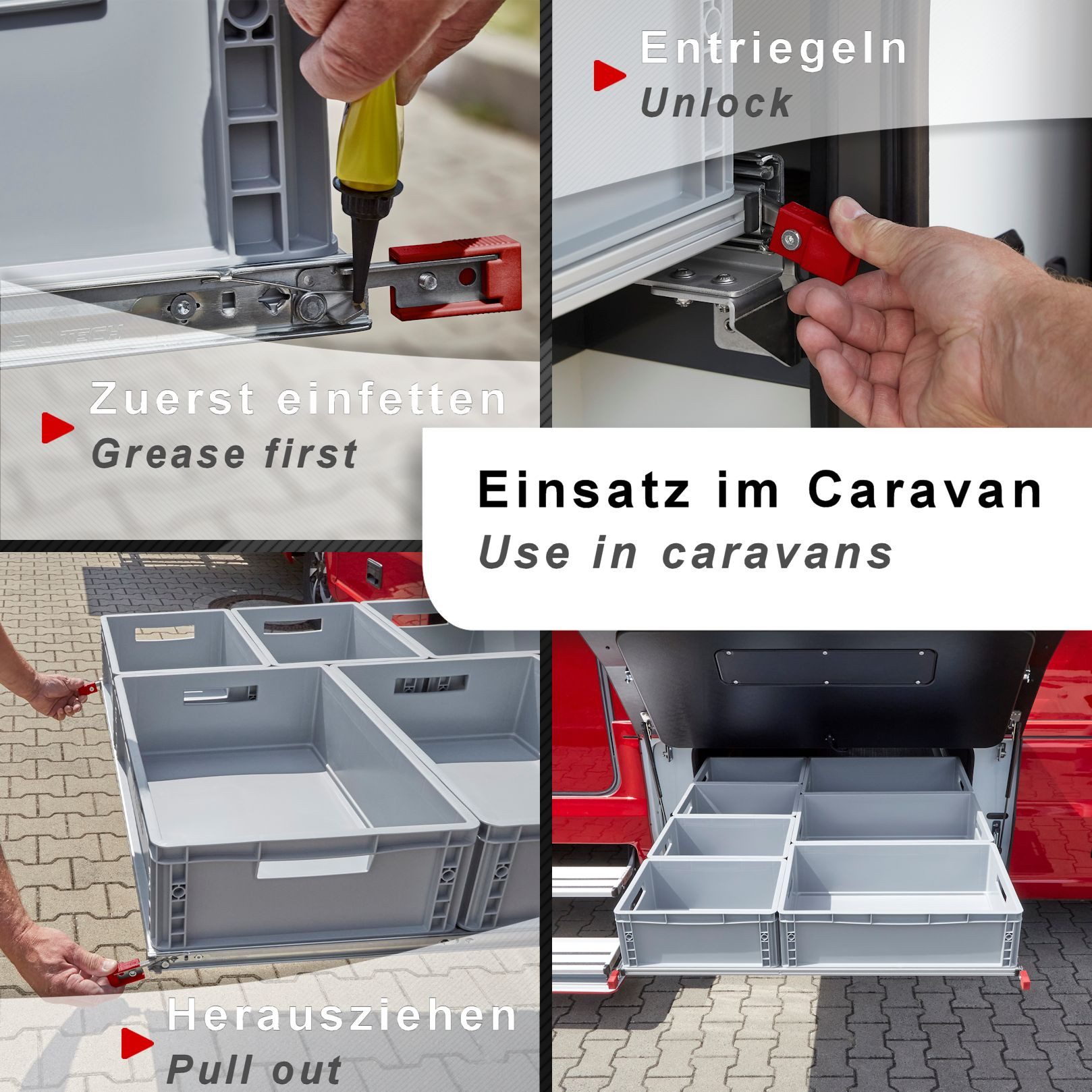 SO-TECH® Auszug Schwerlastauszug 200 kg mit Lock-in/out Einrastfunktion, roter Hebel, VarioSlide KV2-200-H76-L500-EH 508 mm