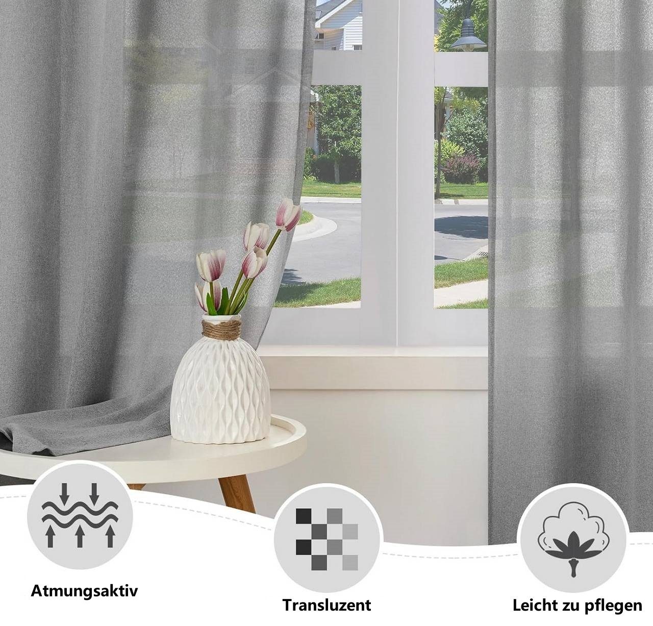 Woltu Gardine (2 St), Kräuselband, halbtransparent, Vorhänge Leinenoptik