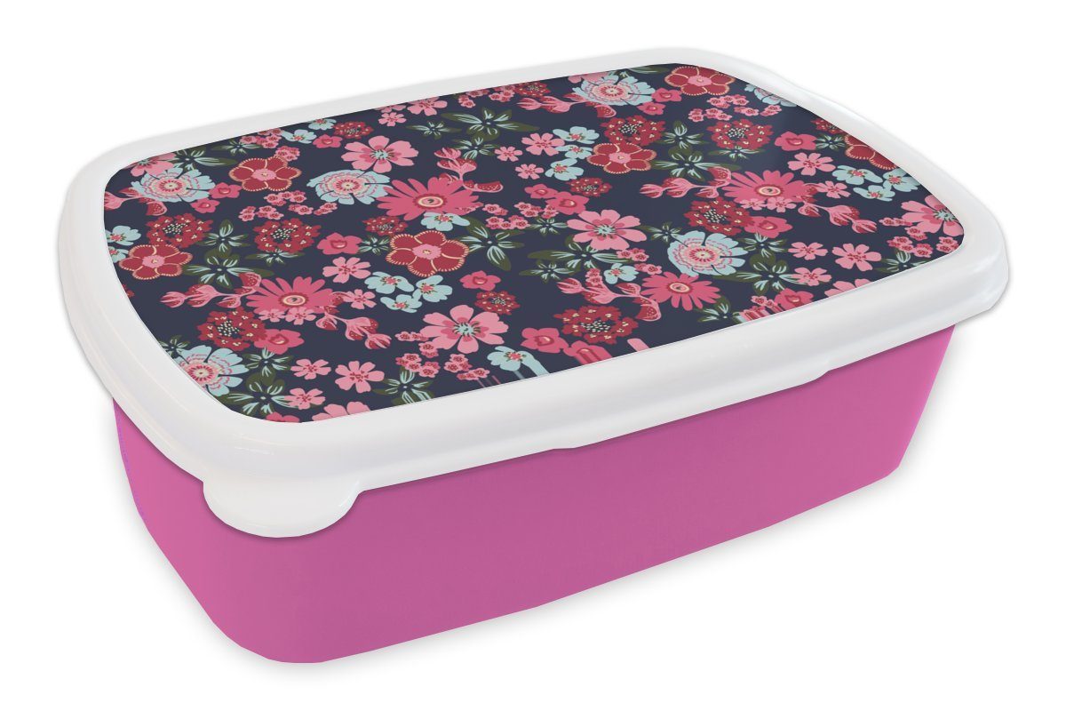 MuchoWow Lunchbox Blumen - Flora - Rosa - Muster, Kunststoff, (2-tlg), Brotbox für Erwachsene, Brotdose Kinder, Snackbox, Mädchen, Kunststoff