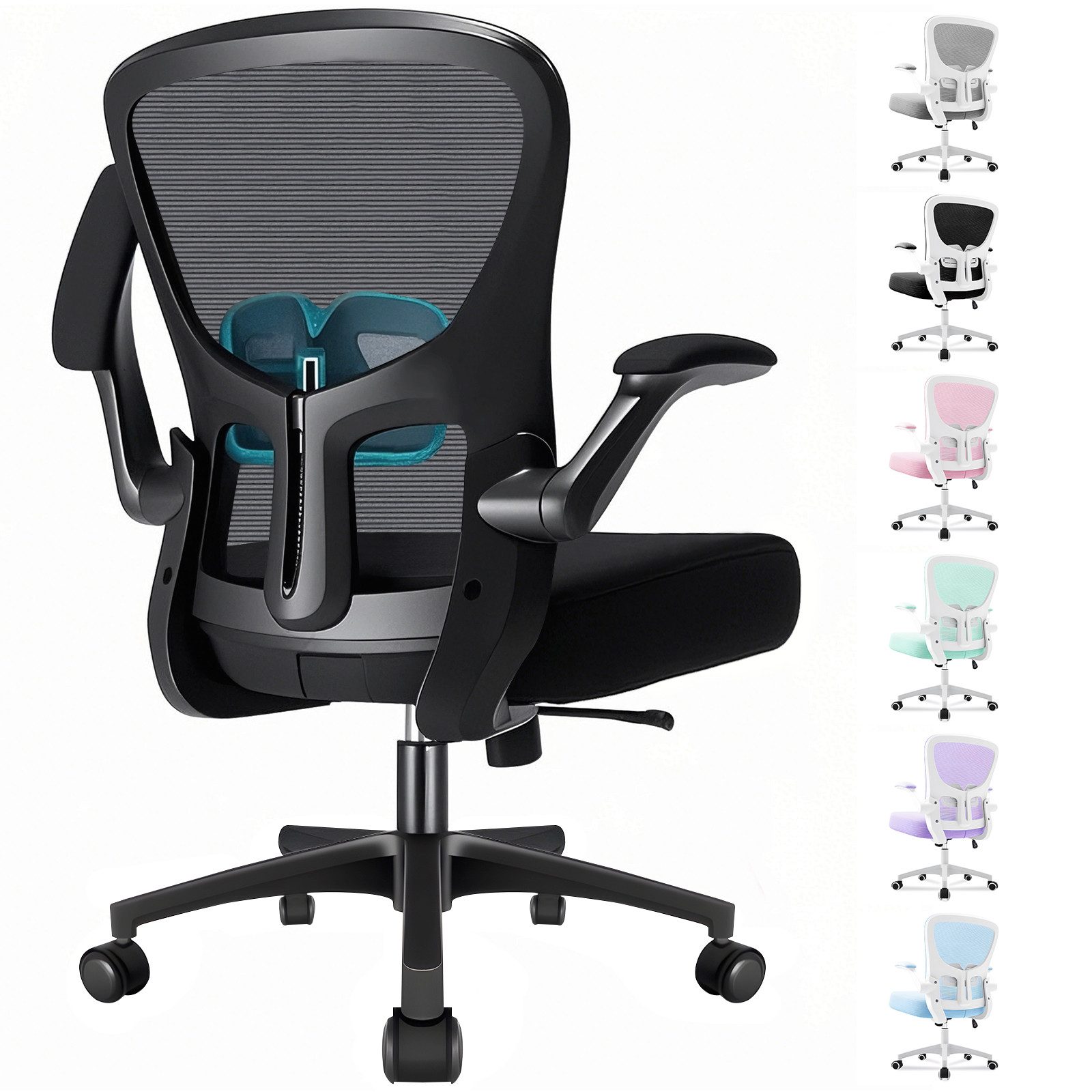 Durrafy Bürostuhl Ergonomischer Bürostuhl,Schreibtischstuhl mit klappbaren Armlehnen (Höhenverstellbarer Drehstuhl mit Wippfunktion bis 130°,Computerstuhl mit verstellbarer Lendenwirbelstütze und leisen Rollen), Chefsessel mit 150 kg Tragfähigkeit