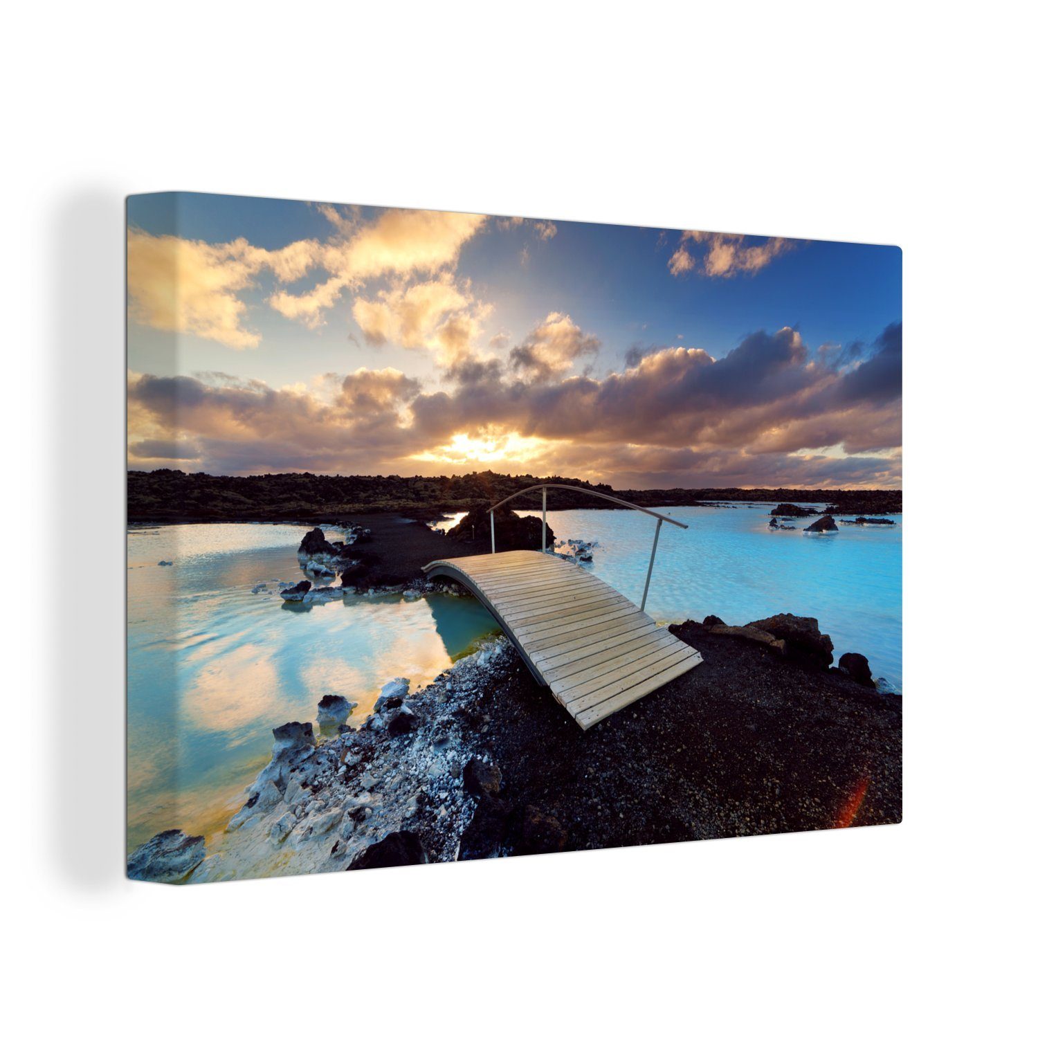 OneMillionCanvasses® Leinwandbild Blaue Lagune bei Sonnenuntergang in Island, (1 St), Wandbild Leinwandbilder, Aufhängefertig, Wanddeko, 30x20 cm