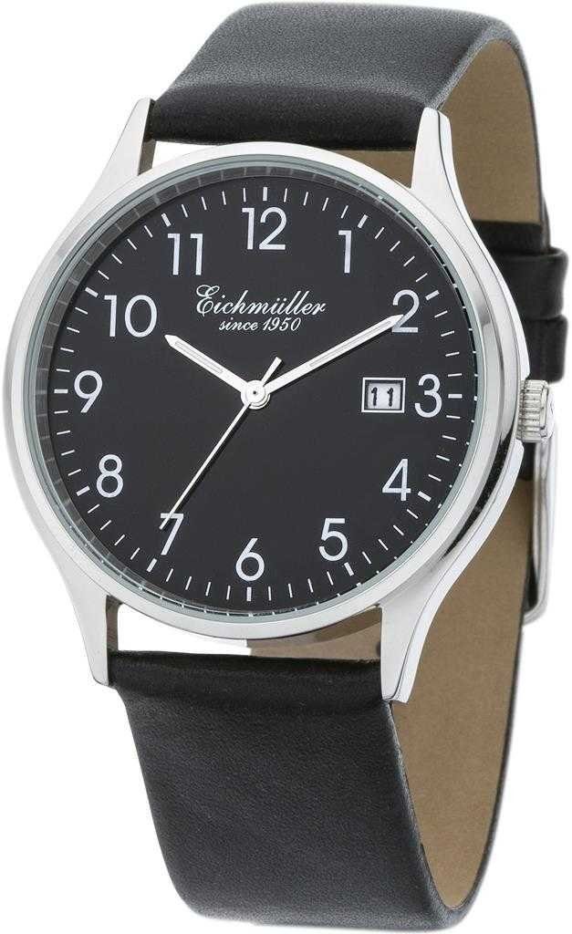 Eichmüller Quarzuhr Herrenuhr Edelstahl-Gehäuse 38 mm Schwarzes Zifferblatt 3051-04, Lederarmband, Klassische Armbanduhr für Herren