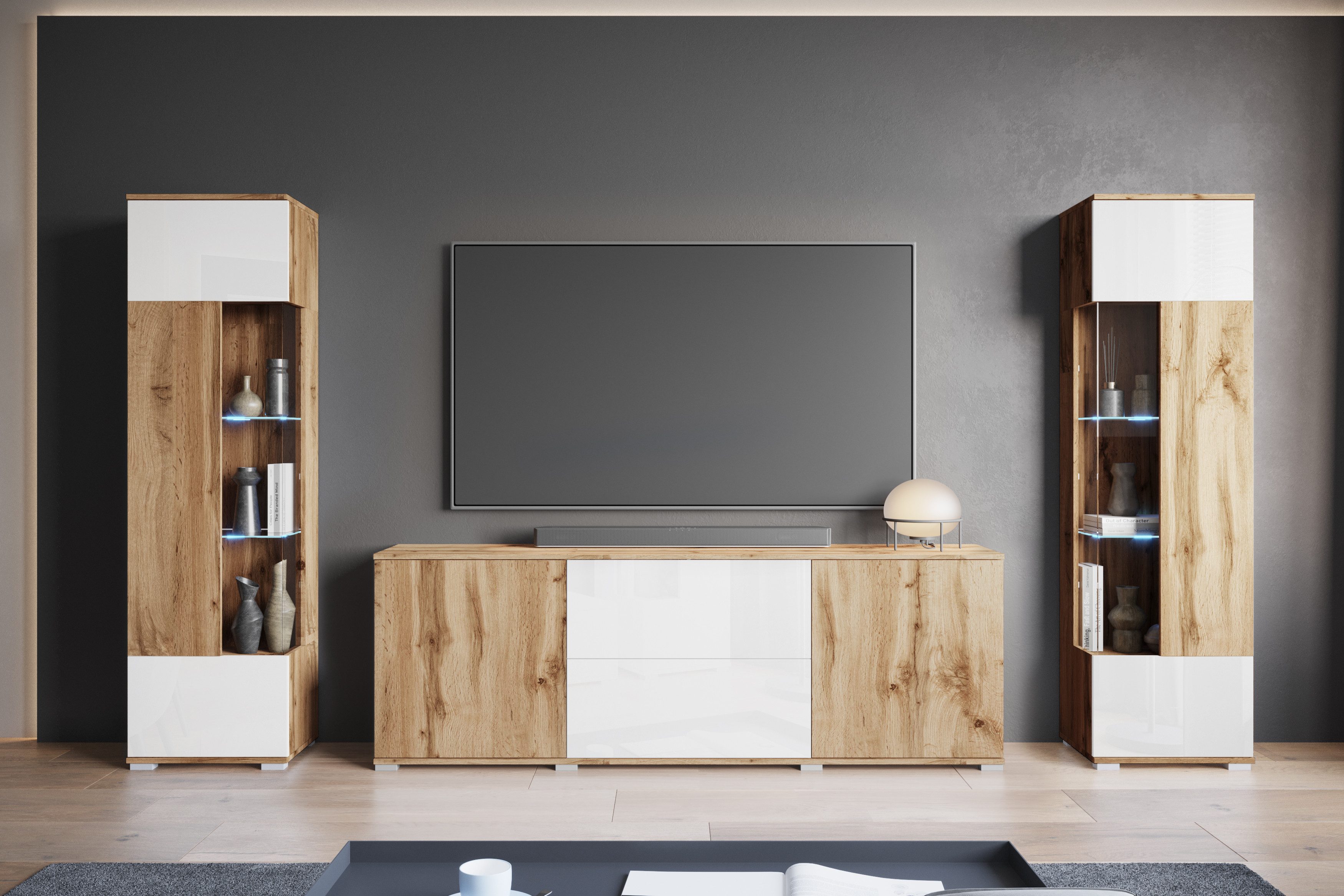 INOSIGN Wohnwand KENIA, (Komplett-Set, 3-St), Vitrinen mit Eckverglasung, h günstig online kaufen