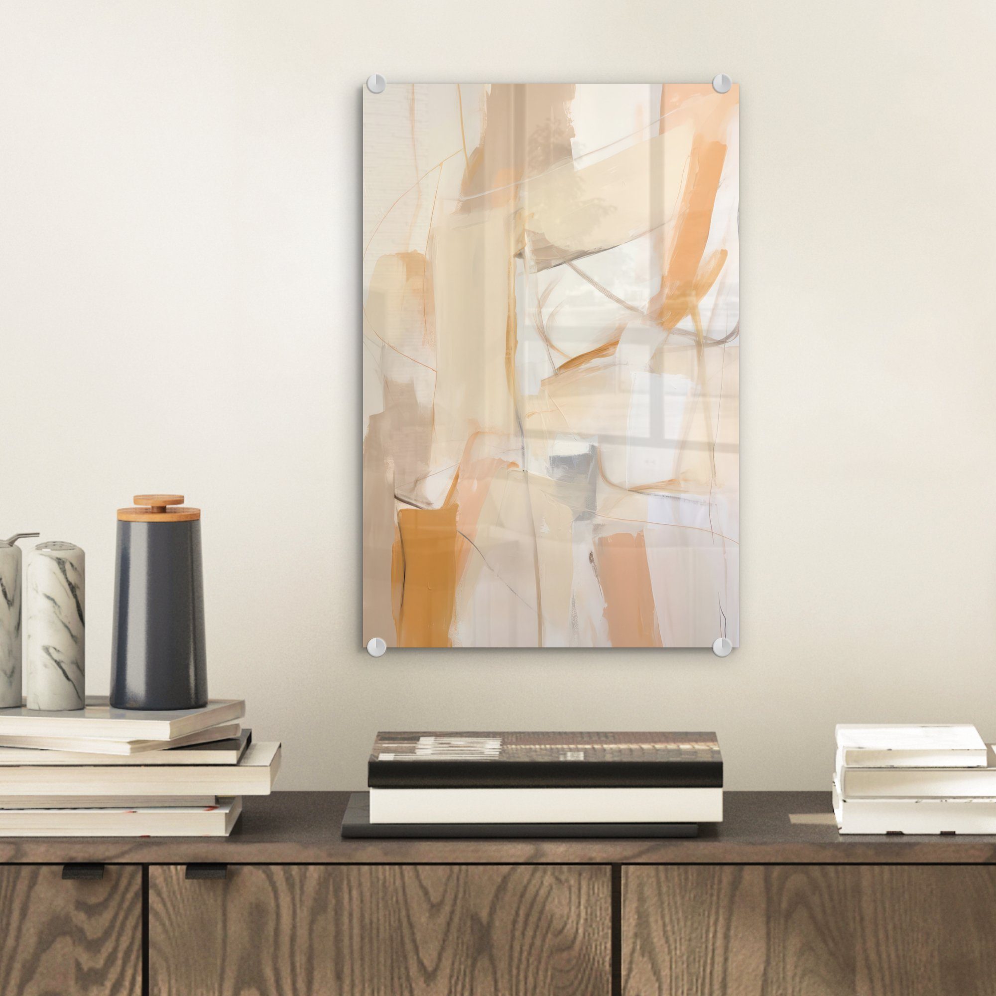 MuchoWow Acrylglasbild Abstrakt - Beige - Orange - Kunst - Modern, Inkl. Aufhängung, Dekorative Bild für Küche & Wohnzimmer auf Glas, 20x30 cm