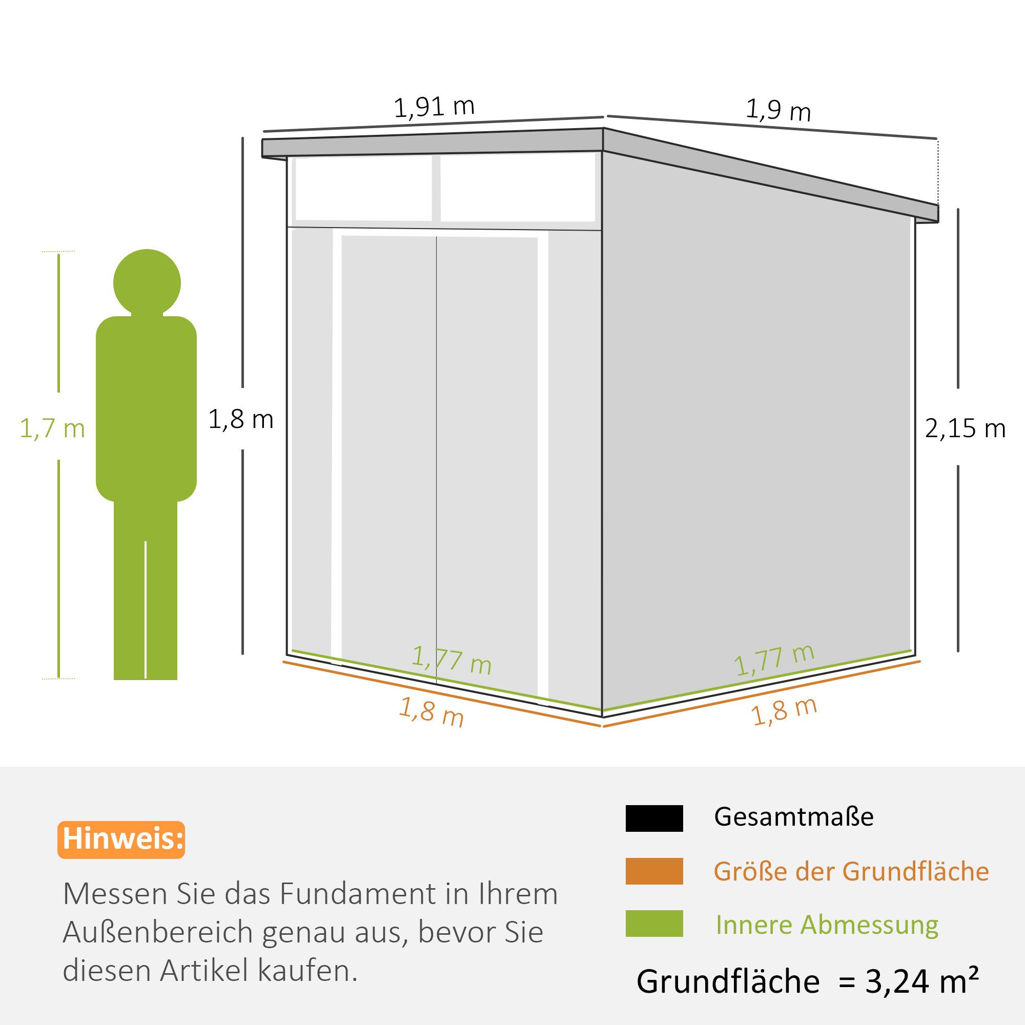 Outsunny Gerätehaus 3,24, mit Pultdach, Abschließbarer Tür, BxT: 190x191 cm, (Geräteschuppen aus Kunststoff, 1 St., wetterfest Gartenhaus), für Hinterhof Außenbereich, Grau