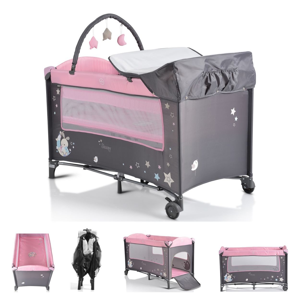 Moni Baby-Reisebett Reisebett Sleepy Rollen, Wickelauflage, Matratze, Spielbogen, Seiteneingang