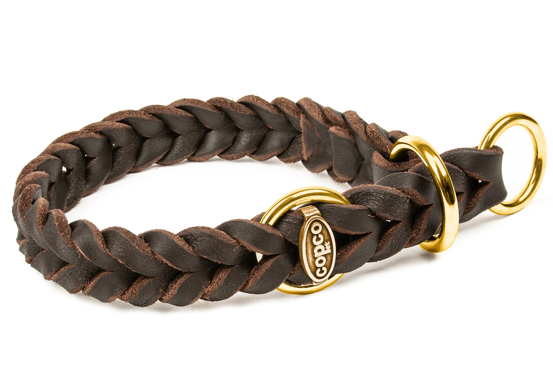 CopcoPet Hunde-Halsband Fettlederhalsband mit Zugstopp Ring, Messing, Leder, Geflochten, Handarbeit