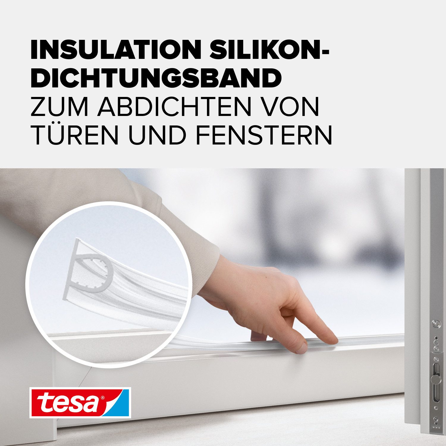 tesa Dichtband INSULATION Dichtungsband Premium - Selbstklebende Silikondichtung (Packung, 1-St., Dichtungsband Premium transparent - 6 m x 9 mm x 7 mm) zum Isolieren von Spalten an Fenstern und Türen