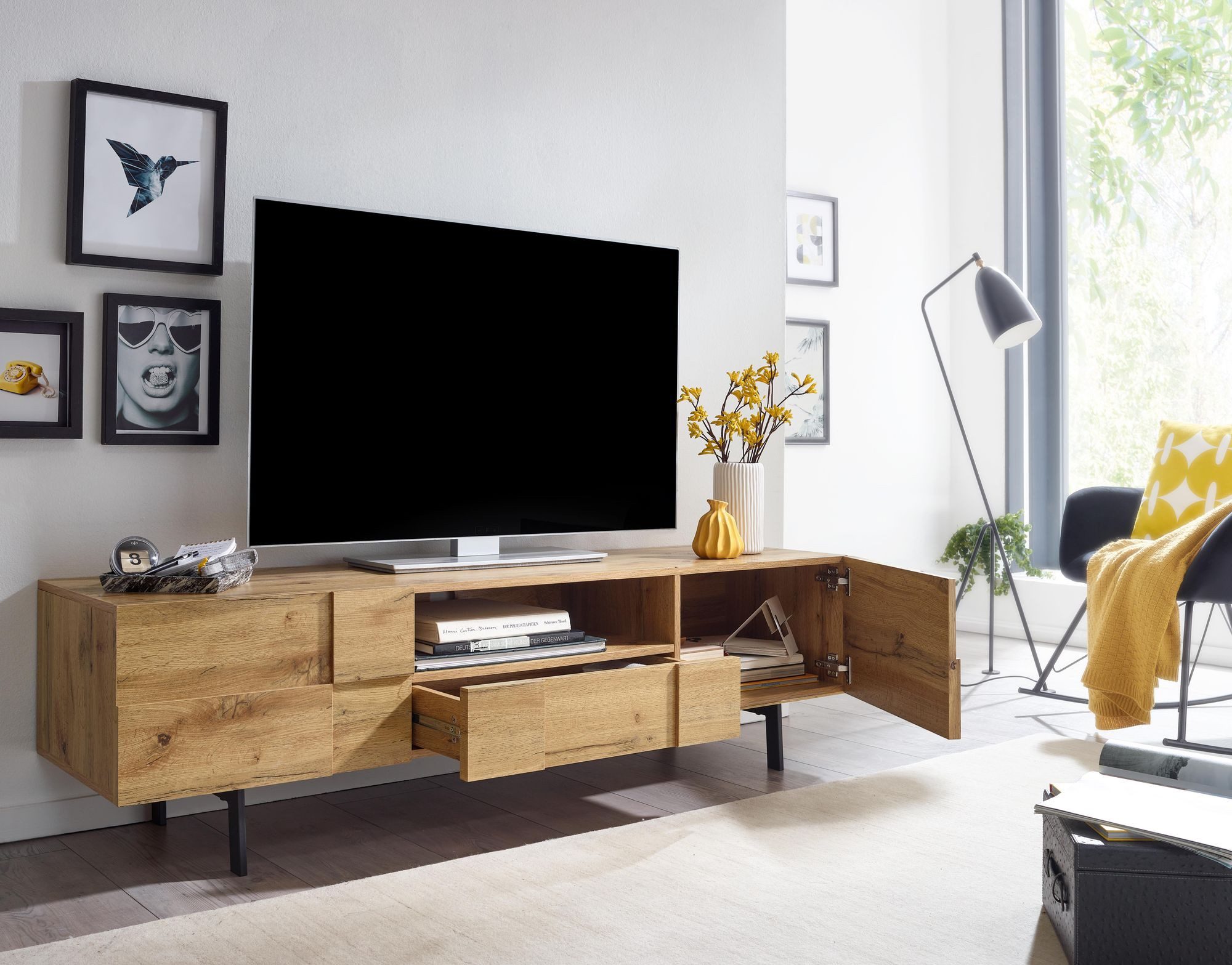 FINEBUY Lowboard FB77754 TV-Board Kommode 160cm MDF Eiche Dekor Design mit 2 Türen (Holz Eiche-Dekor 160x46x43 cm mit zwei Türen), TV-Kommode Hoch, TV-Schrank Modern, Fernsehtisch
