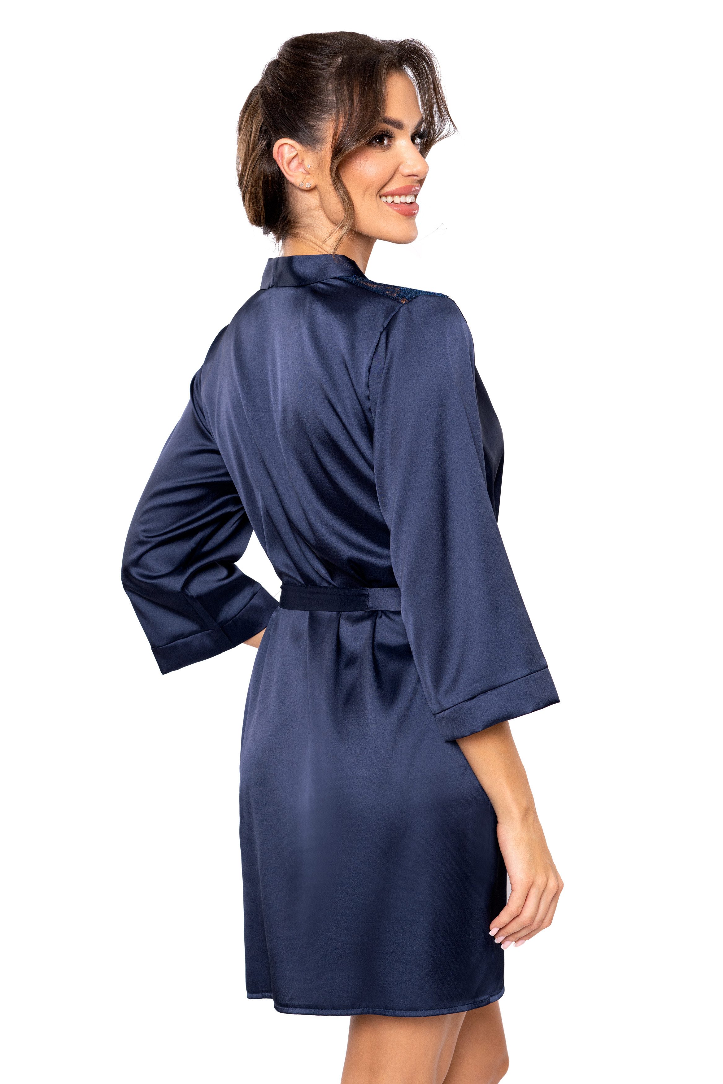 Donna Morgenmantel Kimono aus edlem Seidensatin-Stretch, Seiden-Satin, Kimono-Kragen, Gürtel, Kurzform, Kimono-Kragen, Bindegürtel, mit Spitzeneinsätzen – Bild 5 von 5