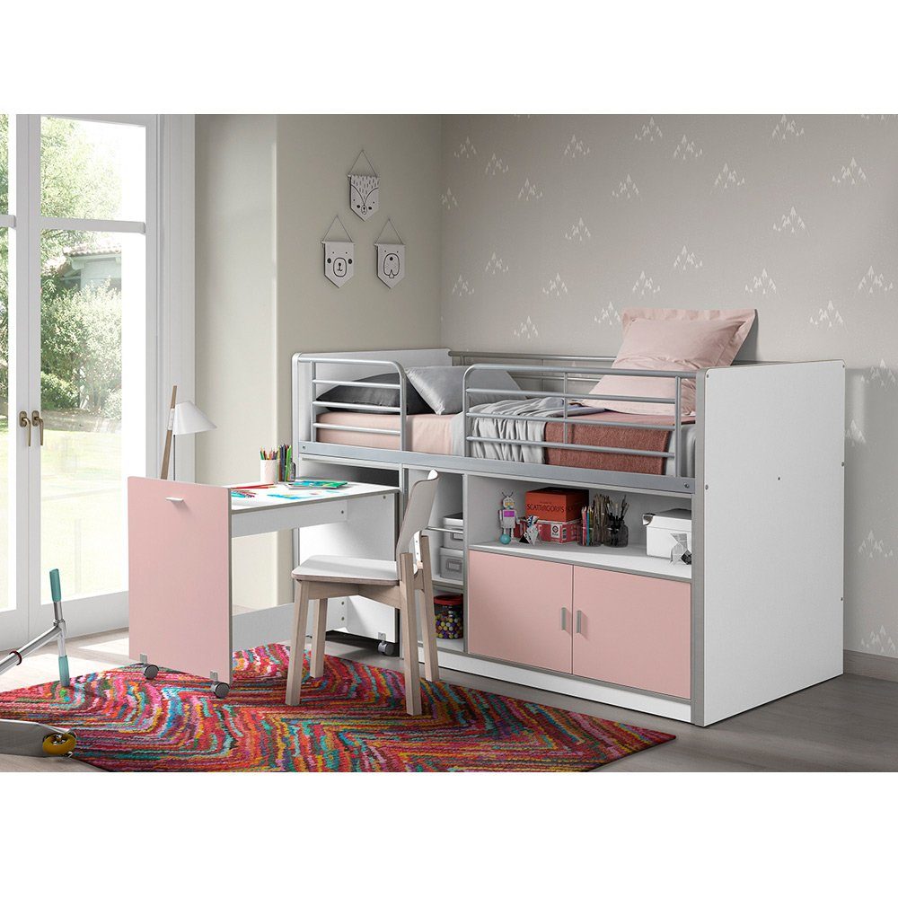 Lomadox Hochbett Kinderbett BONNY-12, mit rollbarem Schreibtisch, 90x200cm,  Weiß Rosa