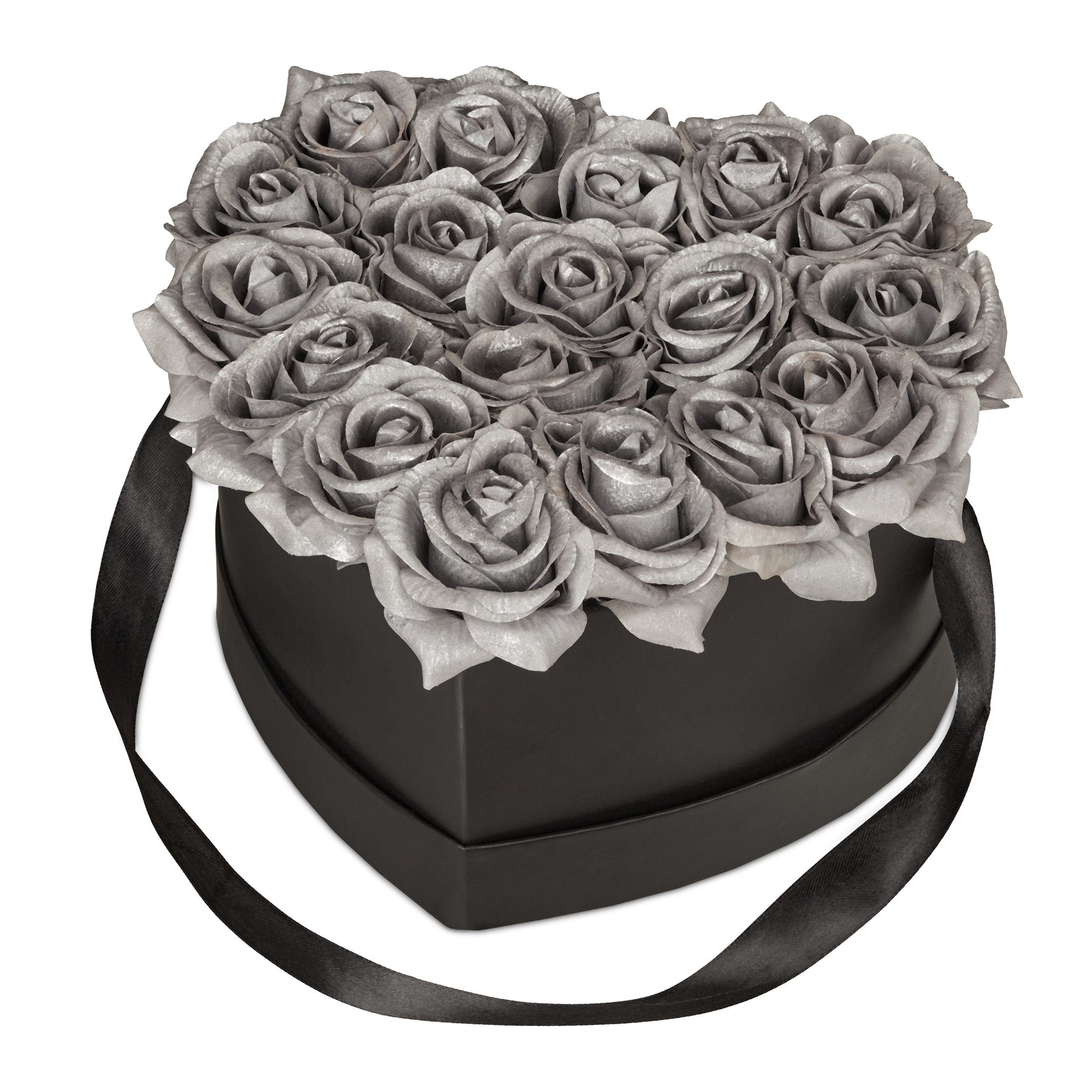 Gestecke Schwarze Rosenbox mit 18 silbernen Rosen, relaxdays, Höhe 13 cm