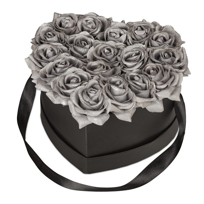 Gestecke Schwarze Rosenbox mit 18 silbernen Rosen relaxdays Höhe 13 cm