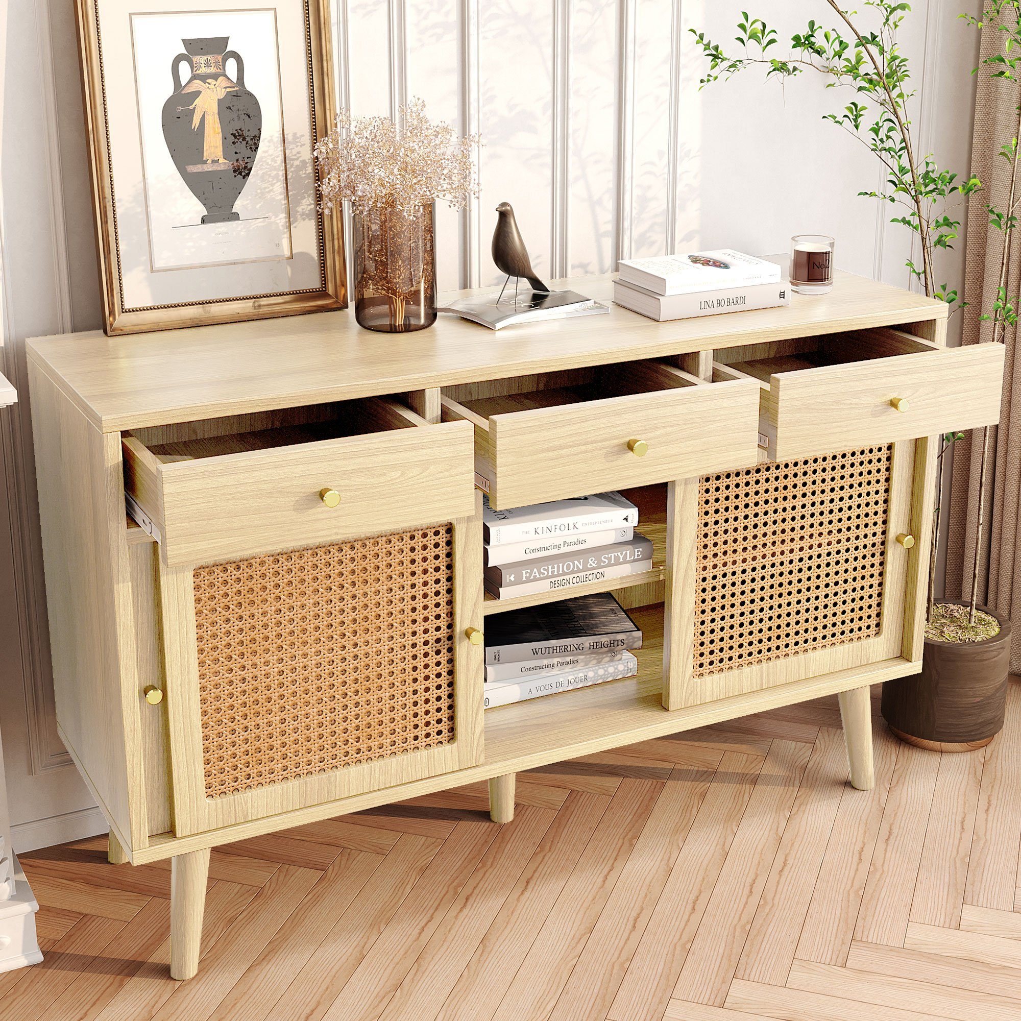 Flieks Kommode mit 3 Schubladen und Schiebetüren aus Rattangeflech (mit verstellbaren Einlegeböden, 1 St., 120x40x78 cm), Mehrzweckschrank Sideboard Eichenfarbe, Massivholzbeine