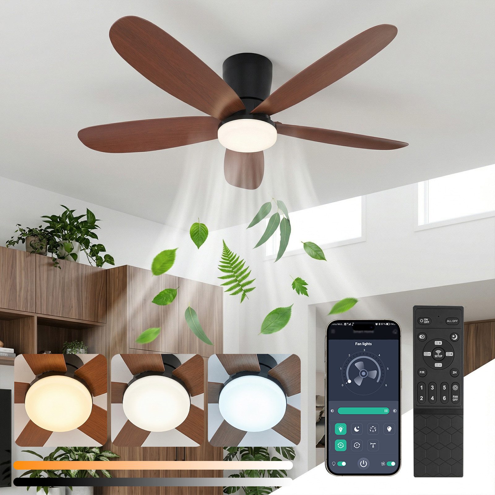 Rosnek Deckenventilator mit Beleuchtung, leiser DC-Motor, Fernbedienung & APP, reversibel, 106 cm, dimmbare LED mit 3 Lichtfarben, 6 Windstufen, für Schlafzimmer