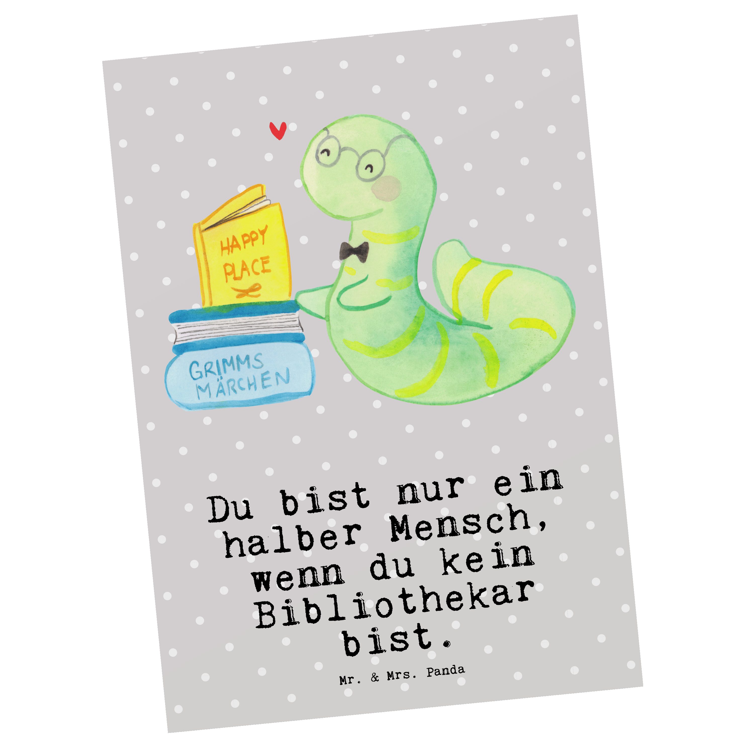 Mr. & Mrs. Panda Postkarte Bibliothekar Geschenk, - Bücherwurm, Geschenk mit - Herz Grau Pastell