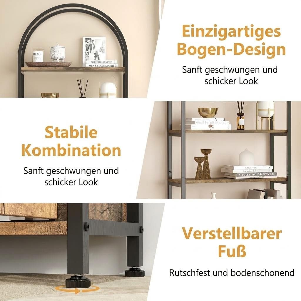 GarveeMore Bücherregal Gewölbtes mit 2 Türen,stabilem Metallrahmen,181cm, 4-stöckiges gewölbtes Ausstellungsregal für Büro,Schlafzimmer,weiß – Bild 2 von 5
