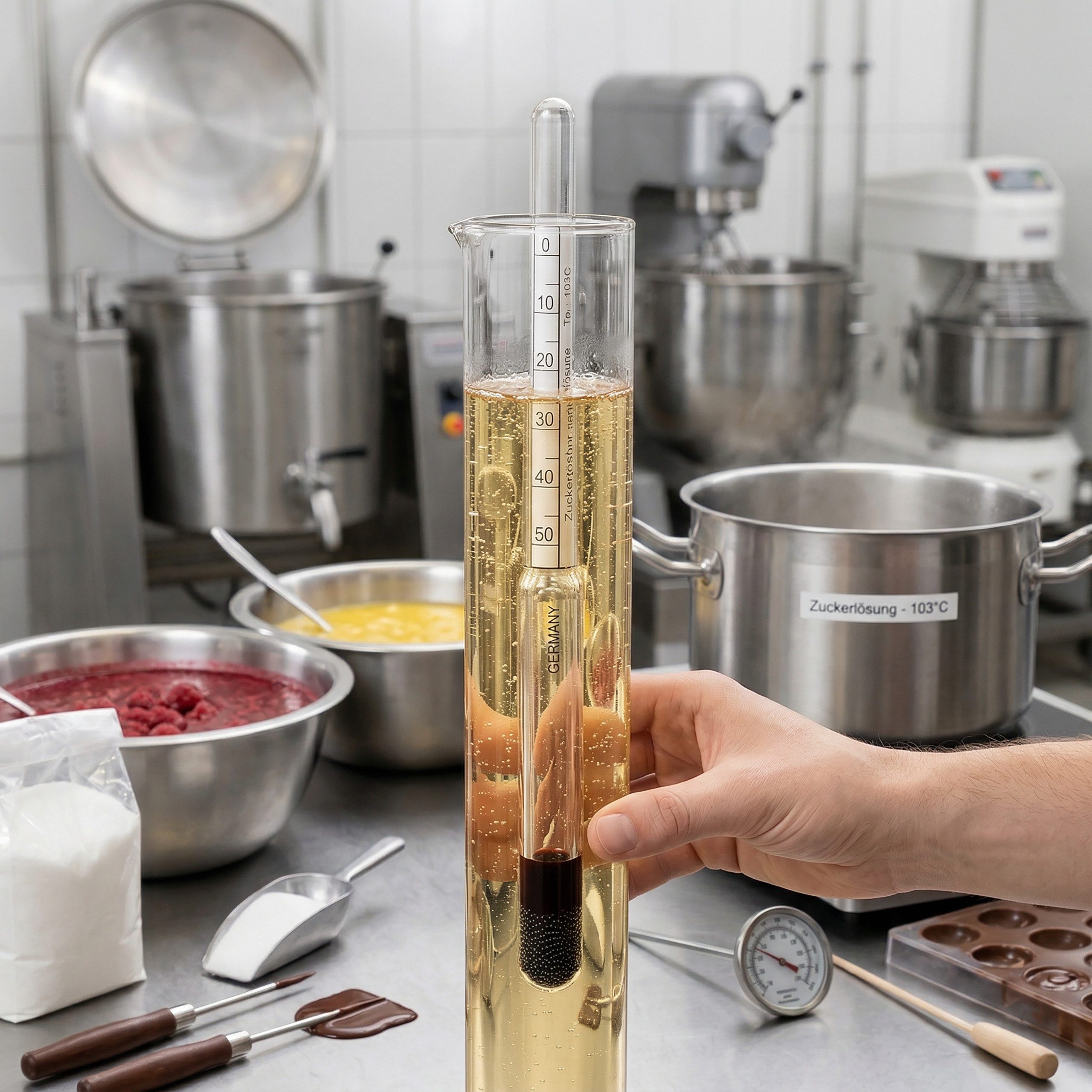 Lantelme Kochthermometer Zuckermesser Set mit Saccharometer und Glas Thermometer 0–50° Baumé, 2-tlg., Zuckerwaage ist 17cm lang 0–50° Bé mit Glasthermometer 11,5cm 0-40°C, Ideal für Speiseeis Sorbet Pralinen Likörpralinen Sirup Likör