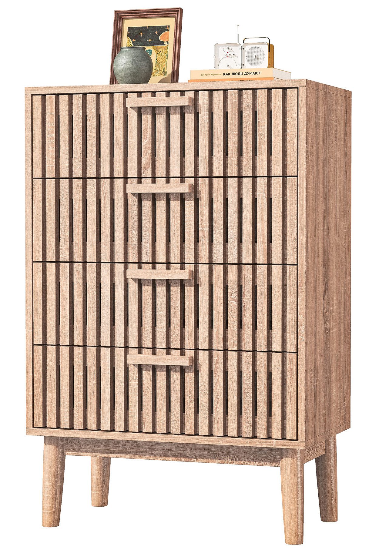 FUROKOY Sideboard Kommode Mit rutschfesten Tischbeinen und Kippschutzvorrichtung, 91x34x60 cm,Mit 4 Schubladen,Mit geräuscharmem Dämpfungsschlitten