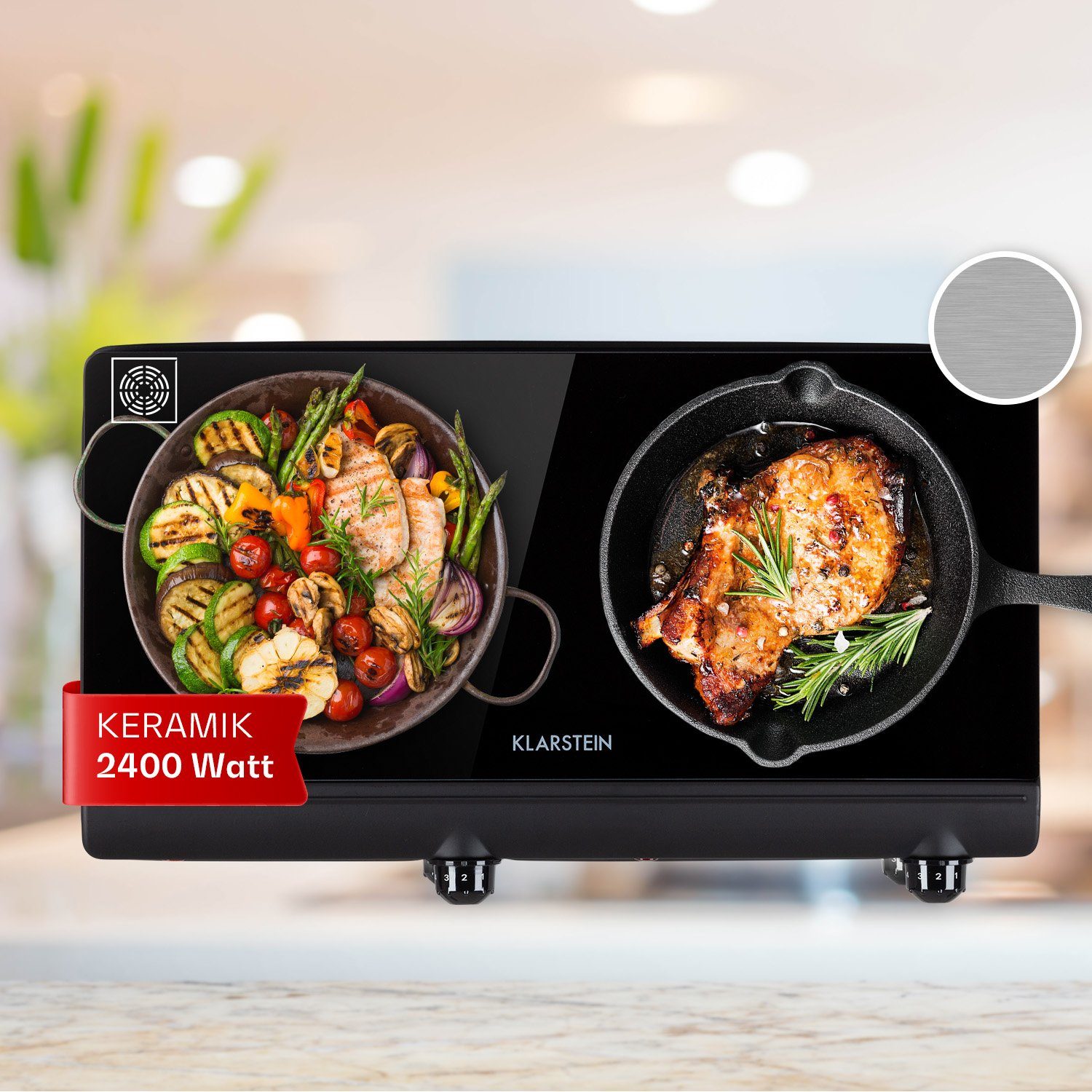 Klarstein Elektro-Kochfeld Cookbuddy Doppel-Kochfeld 2400W 2 Zonen 5 Stufen Glas Thermostat, Doppelkochfeld portabel mobil mit Glaskeramik abwischbar leise