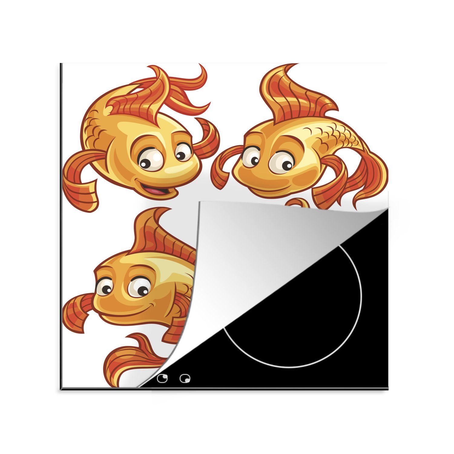 MuchoWow Herdblende-/Abdeckplatte Eine Illustration von vier Goldfischen, Vinyl, (1 tlg), 78x78 cm, Ceranfeldabdeckung, Arbeitsplatte für küche