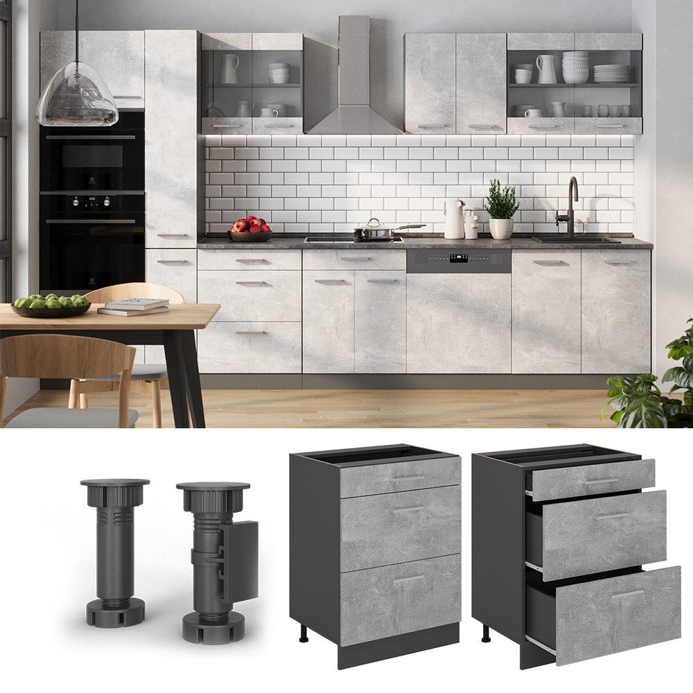 Vicco Unterschrank R-Line, Beton/Anthrazit, 60 cm mit Schubladen, ohne Arbeitsplatte (1-St)