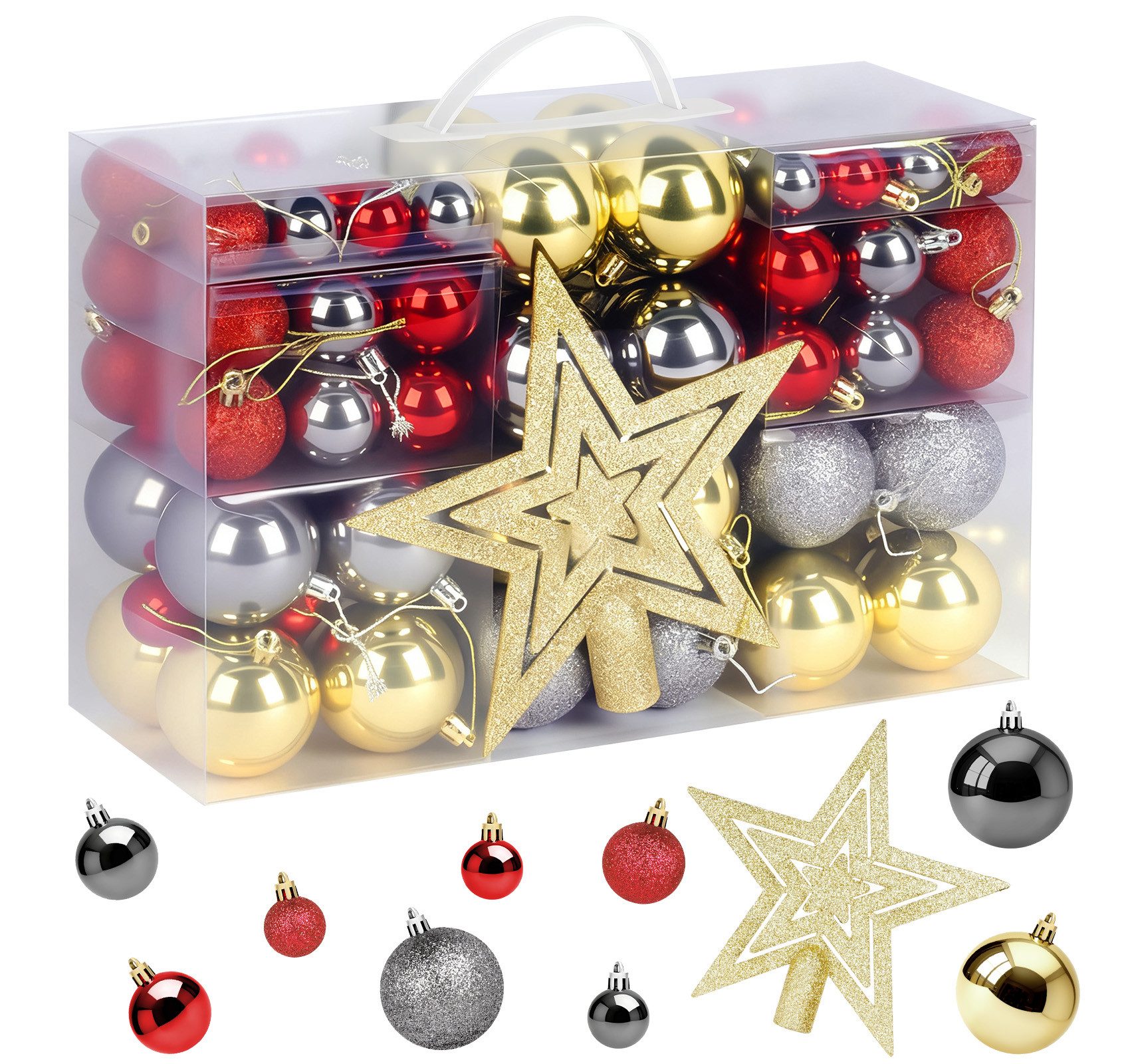 ElitVita Weihnachtsbaumkugel 108er Set Новогодние шары, mit Baumspitze Stern, Ø3/4/6 cm (108 St), Kunststoff, Christbaumschmuck für Weihnachtsbaum Deko