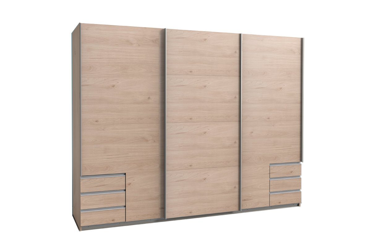 Stylefy Schwebetürenschrank Odri III (Kleiderschrank, Mehrzweckschrank) mit 3 Schibetüren, aus Holzwerkstoff, Modern Design, viel Stauraum, Metall, mit Schubladen variabel stellbar Hickory-Oak