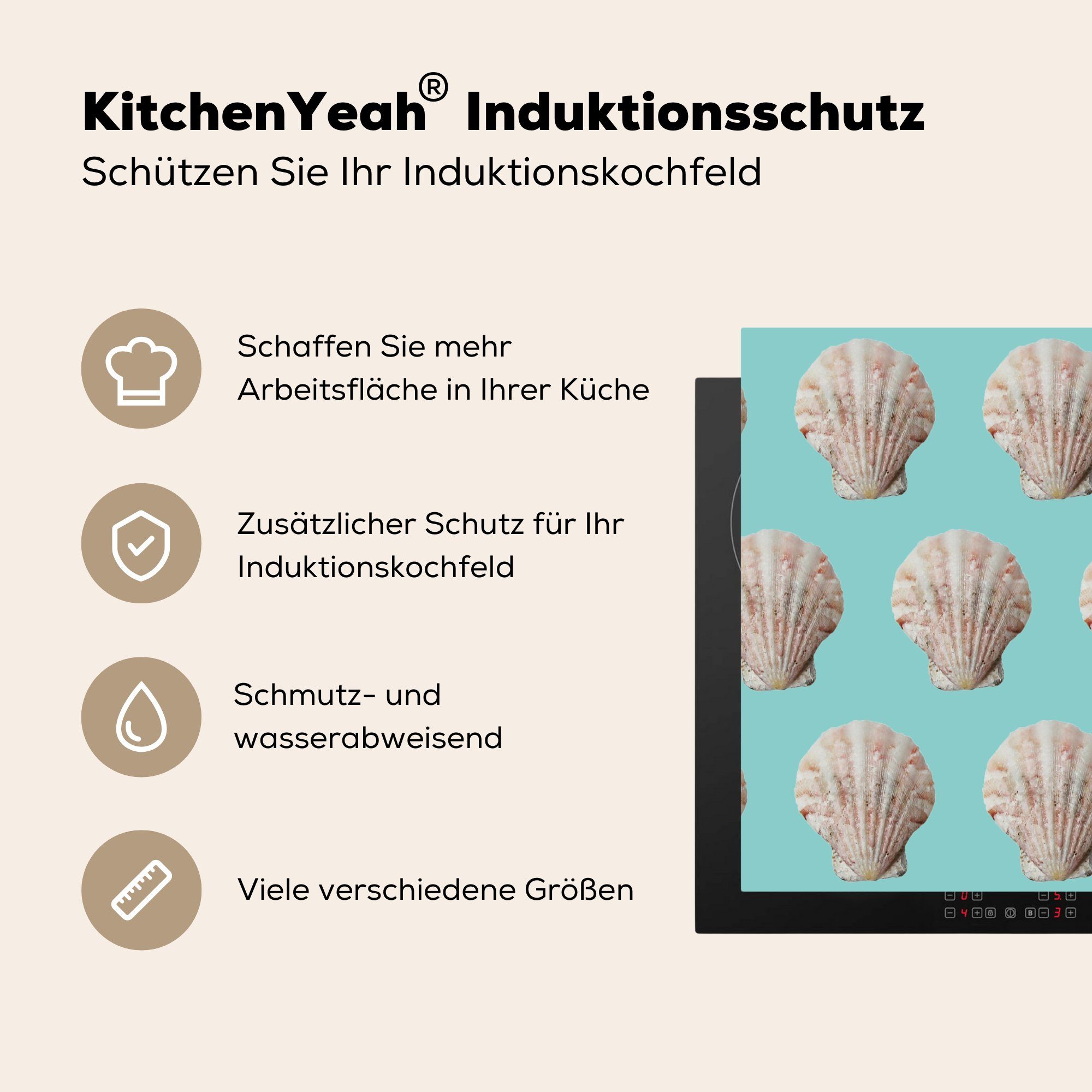 cm, Muscheln 59x52 für küche, Herdblende-/Abdeckplatte - Muster die Ceranfeldabdeckung - Vinyl, Meer, - (1 Grün MuchoWow Induktionsmatte tlg),