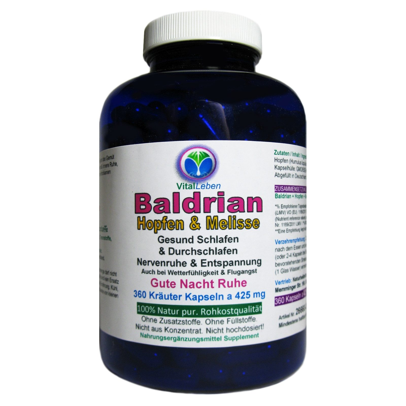 VitalLeben Baldrian, Hopfen + Melisse SCHLAF GUT - GUTE NACHT Natur pur Kapsel, 1 er Dose à 360 St., 153 g
