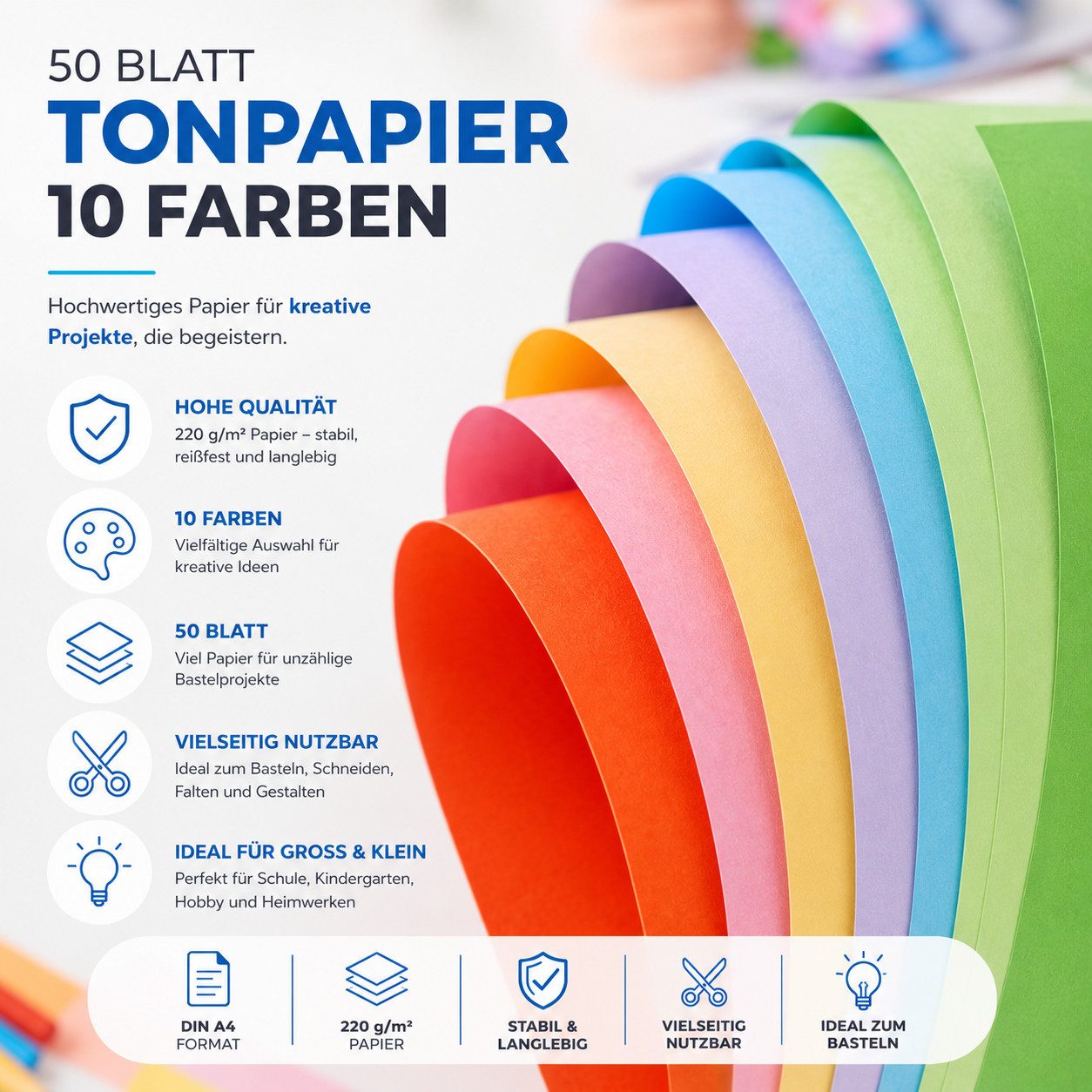 DIYtastic Bastelkartonpapier 50 Blatt bunter Tonkarton DIN A4, 220 g/m², beidseitig farbig – Bild 5 von 5