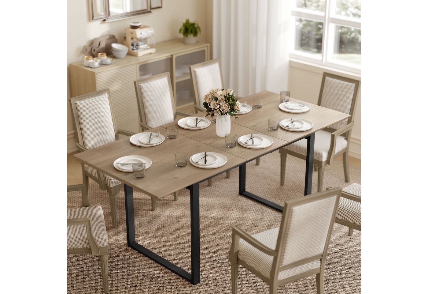 HOMCOM Esstisch ausziehbar Industrial Tisch mit Tischbeine aus Stahl für 6-8 Personen (Esszimmertisch, 1-St., Küchentisch), für Esszimmer, Küche, Naturholz