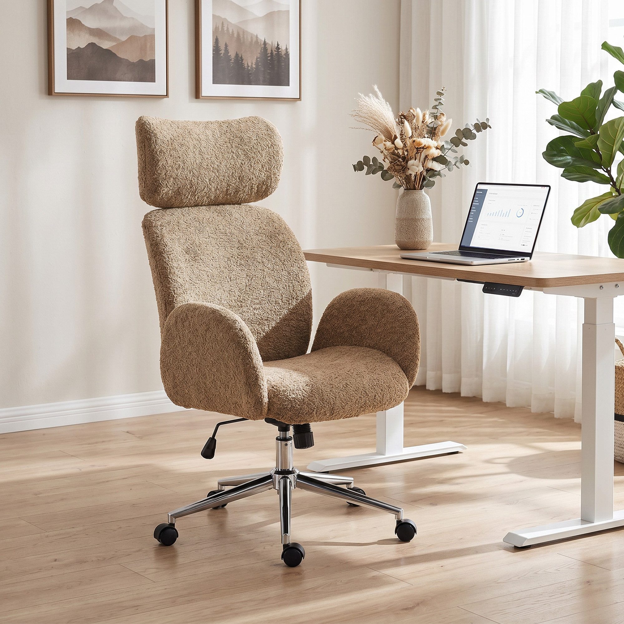 HOMCOM Bürostuhl Schreibtischstuhl Drehstuhl mit Armlehne verstellbare Kopfstütze (Homeoffice Stuhl, 1 St), mit Wippfunktion, Bouclé-Optik, Braun
