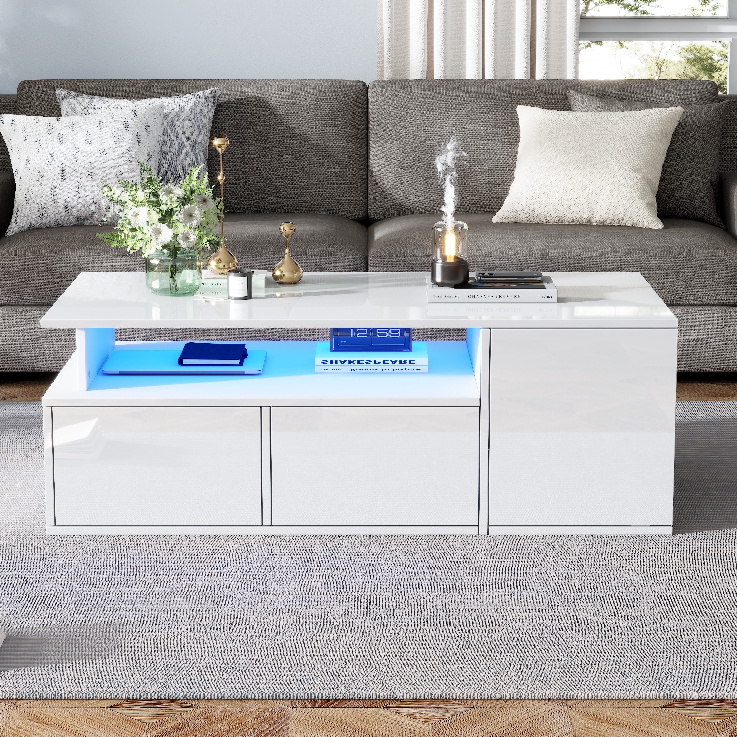 Merax Couchtisch hochglanz Sofatisch Beistelltisch mit LED-Beleuchtung (App-gesteuerter Beleuchtung, 1-St., 100x50x35cm), Beistelltisch Wohnzimmertisch mit 2 Sc – Bild 4 von 5