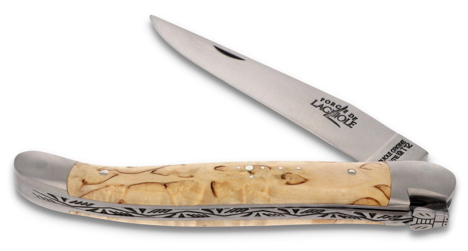 Forge de Laguiole Taschenmesser 1211 IN BO SAT, Griff 11cm Birke - Verzierte Feder - Klinge Backen Stahl satiniert