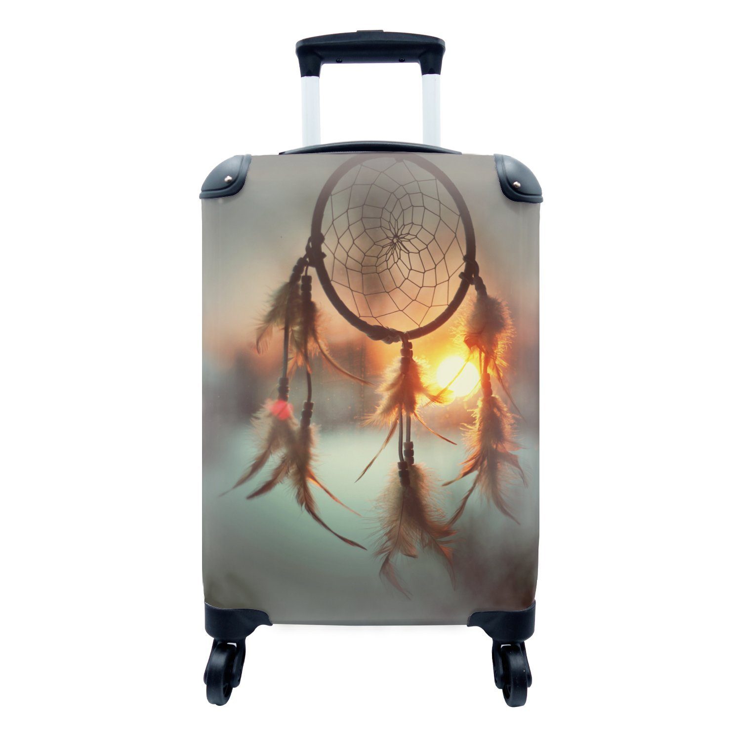 MuchoWow Handgepäckkoffer Eine Nahaufnahme eines Traumfängers vor einem Sonnenuntergang, 4 Rollen, Reisetasche mit rollen, Handgepäck für Ferien, Trolley, Reisekoffer