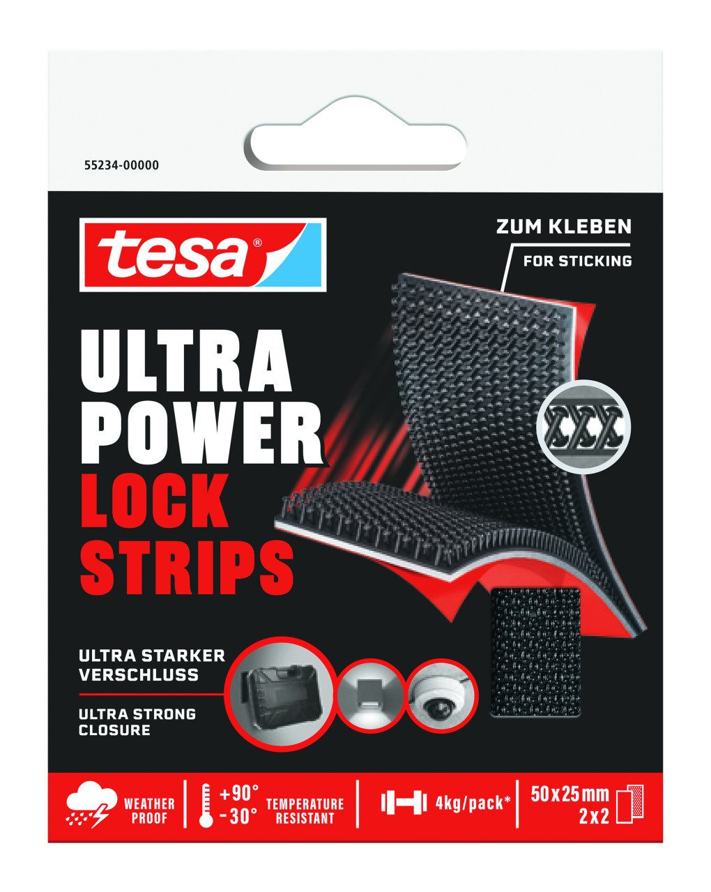 tesa Klett-Klebeband Ultra Power Lock Strips, extra starkes selbstklebendes Klettband (Packung, 1-St., 4 Strips mit Klettverschluss (50 x 25 mm), hält bis zu 4 kg/Packung) wetterbeständig, temperaturresistent, geeignet für innen und außen