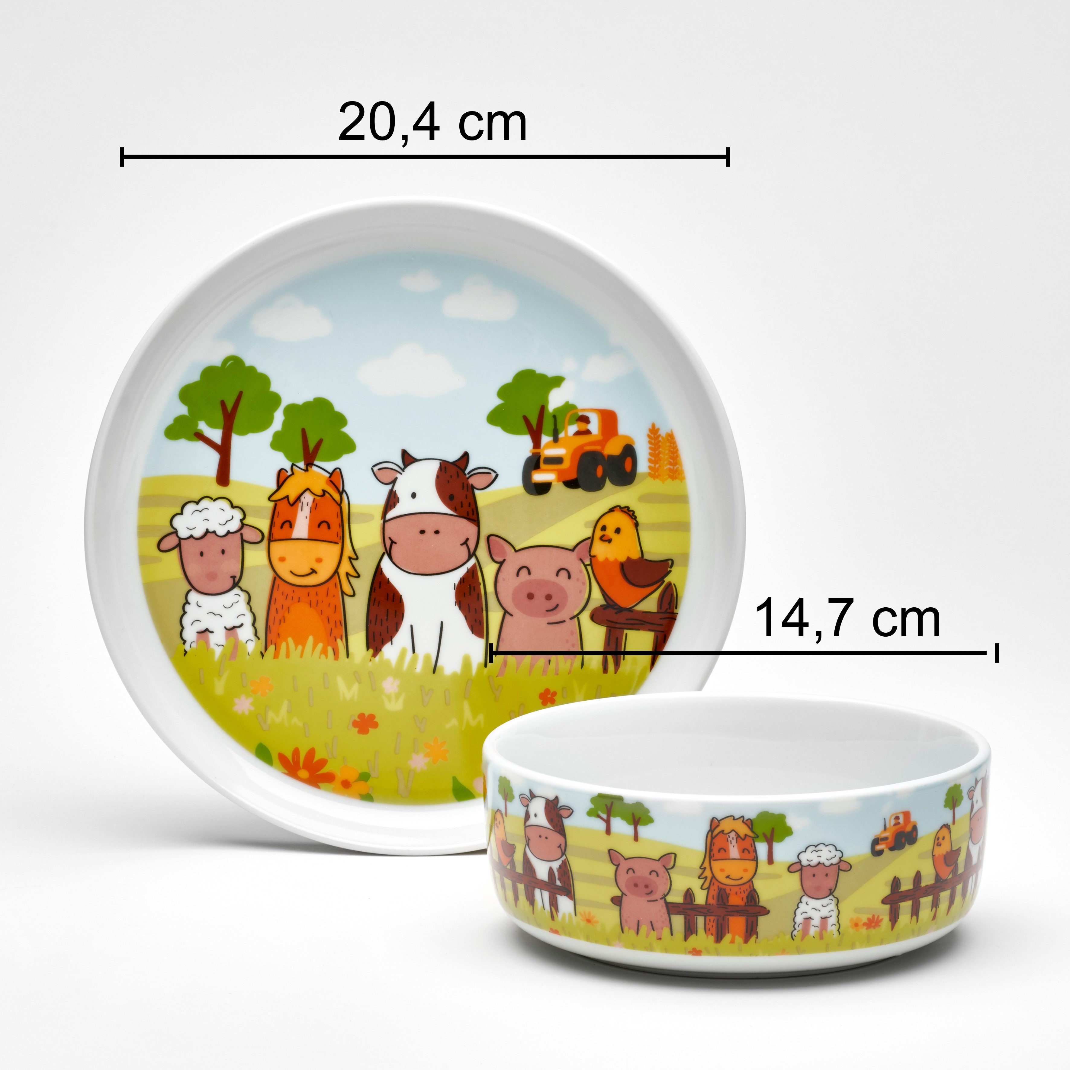 van Well Kindergeschirr-Set Kinderset Bauernhof, 3-teilig, Geschirr-Set, Service (3-tlg), 1 Personen, Porzellan, mit farbenfrohem Dekor, spülmaschinen- und mikrowellengeeignet