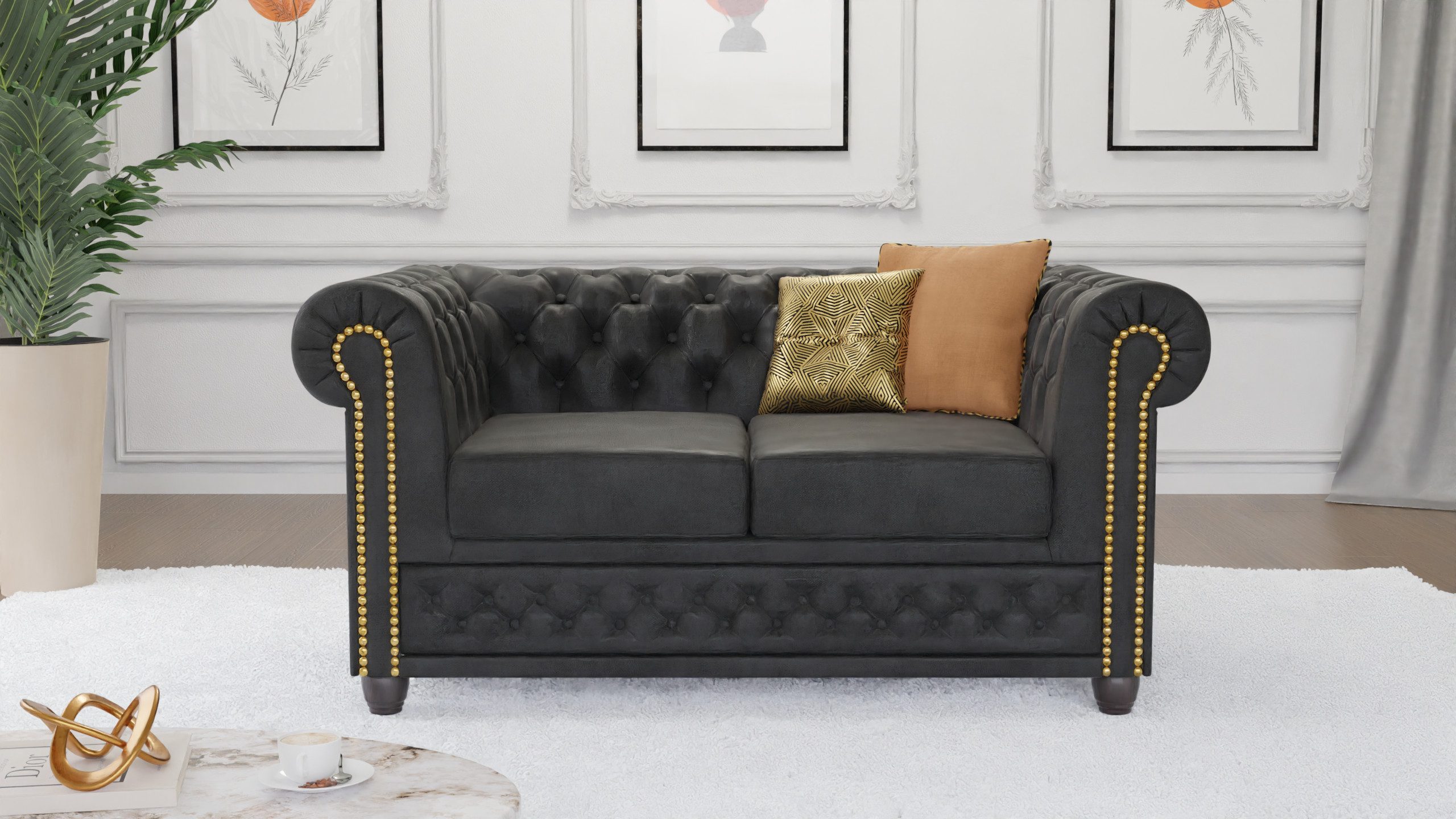 S-Style Möbel Chesterfield-Sofa Anton 2-Sitzer Sofa aus Vintage Optik Microfaser mit Holzfüßen, Mit Wellenfederung