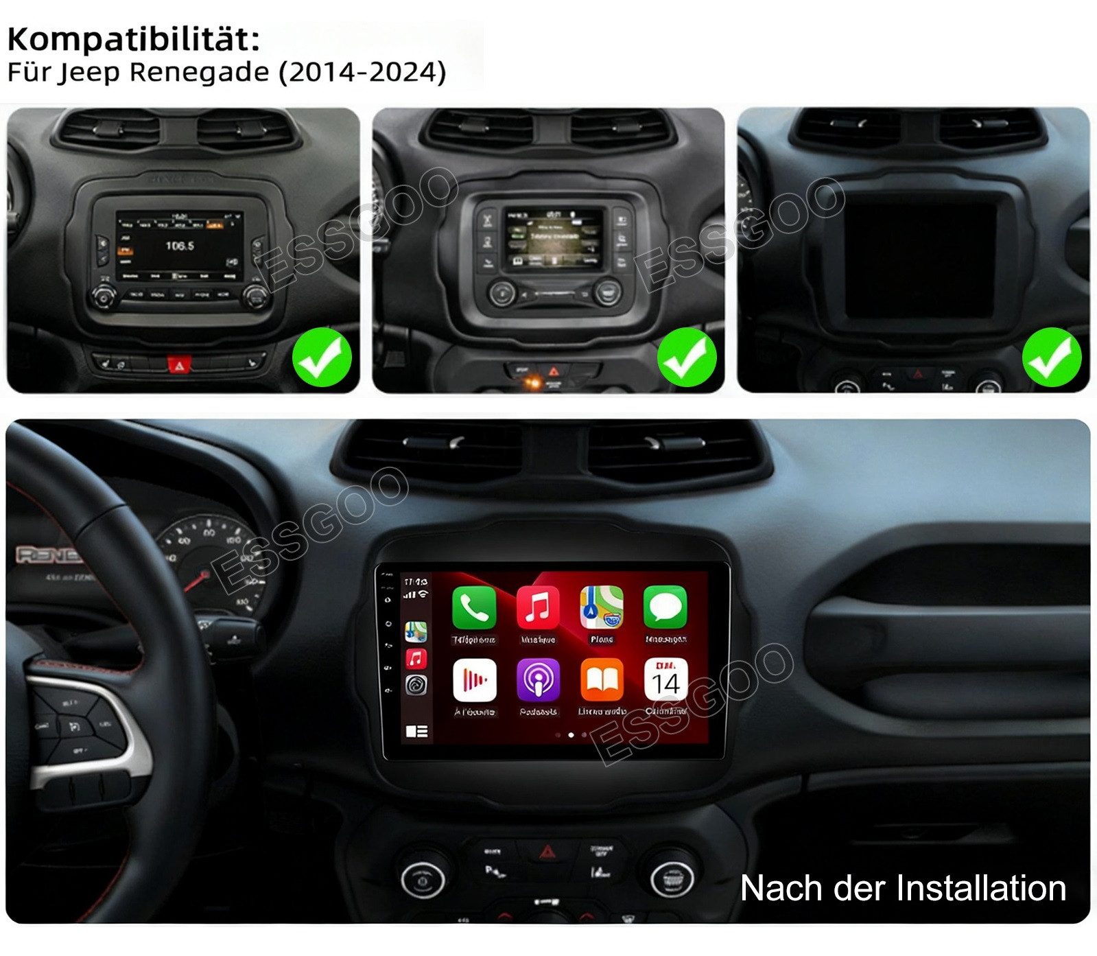 ESSGOO Carplay Android 15 Autoradio Für Jeep Renegade 2014-2024 GPS Navi RDS Autoradio (DAB+ (optional), 4+64GB(optional), RDS, AM, FM, Apple Carplay Android Auto GPS Navi WIFI BT EQ)