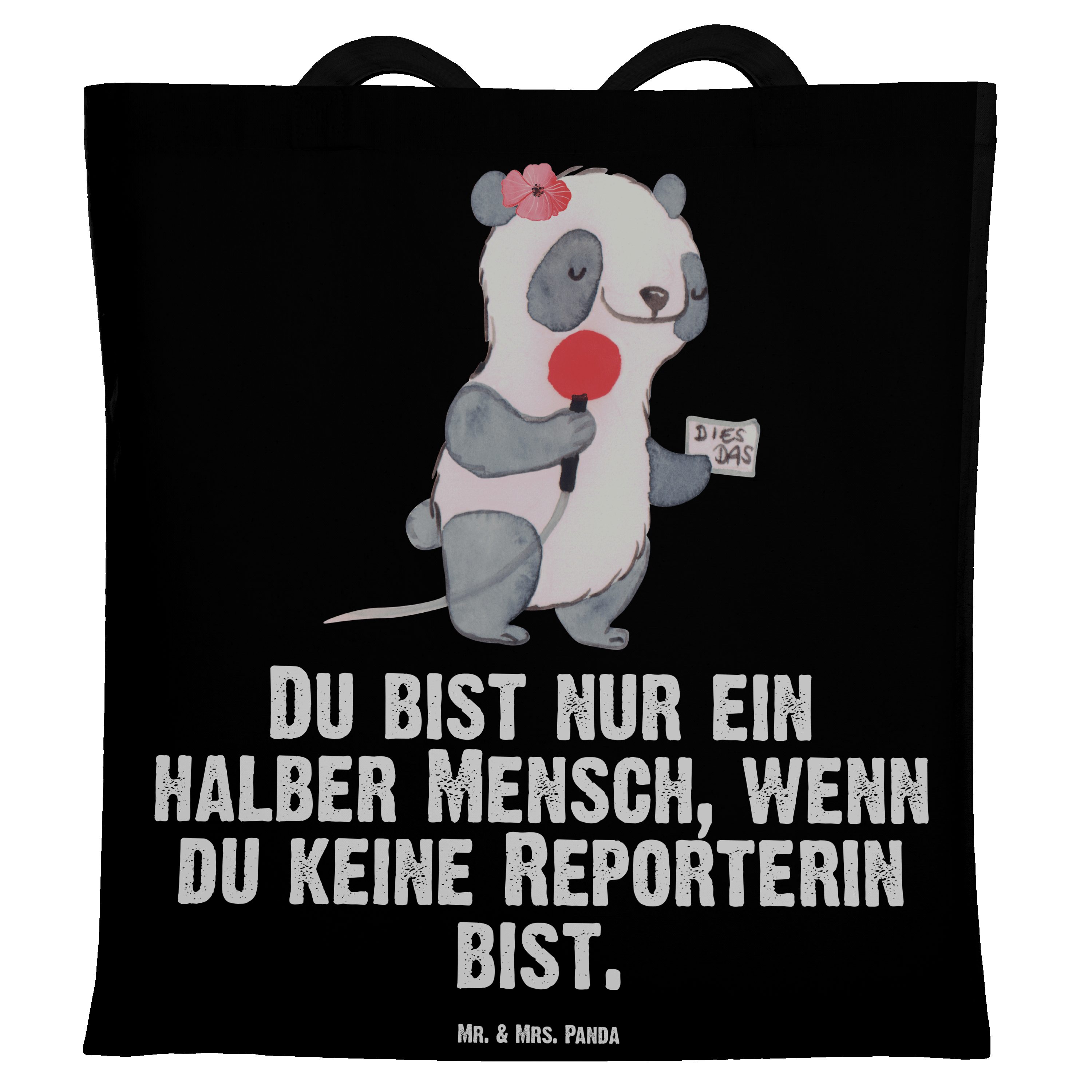 Mr. & Mrs. Panda Tragetasche Reporterin mit Herz - Schwarz - Geschenk, Stoffbeutel, Arbeitskollege (1-tlg)