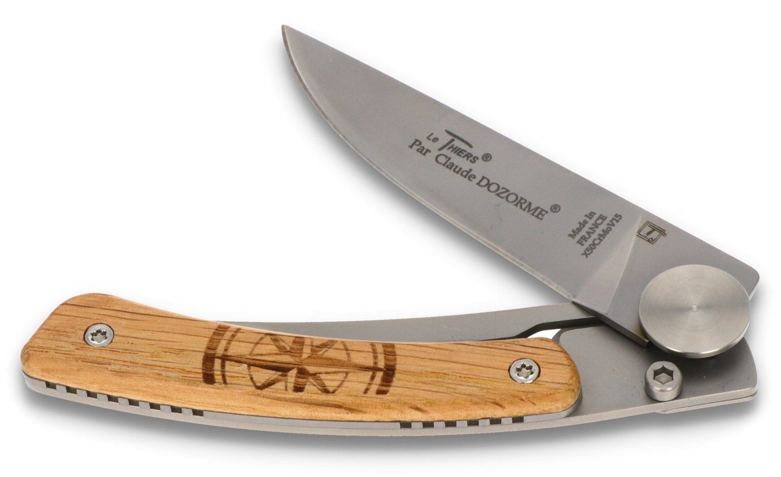 Claude Dozorme Taschenmesser 1.90.142.46BO, Le Thiers "Kompass" - Griff 10cm Eiche - LinerLock - Clip - Stahl matt