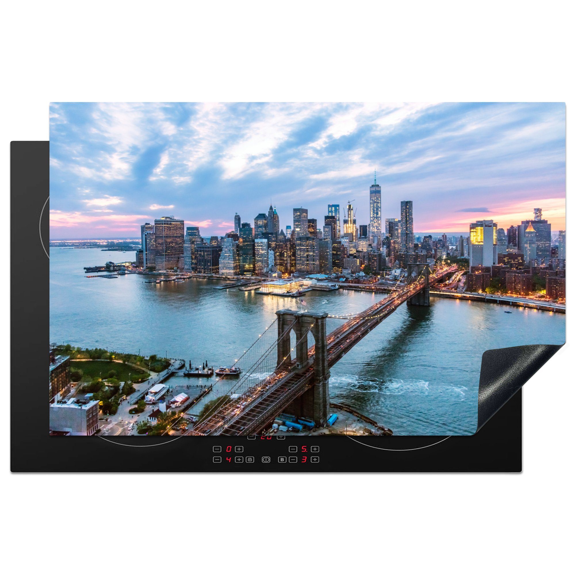 MuchoWow Herdblende-/Abdeckplatte New Yorker Skyline an der Brooklyn Bridge, Vinyl, (1 tlg), 81x52 cm, Induktionskochfeld Schutz für die küche, Ceranfeldabdeckung | Herdabdeckplatten